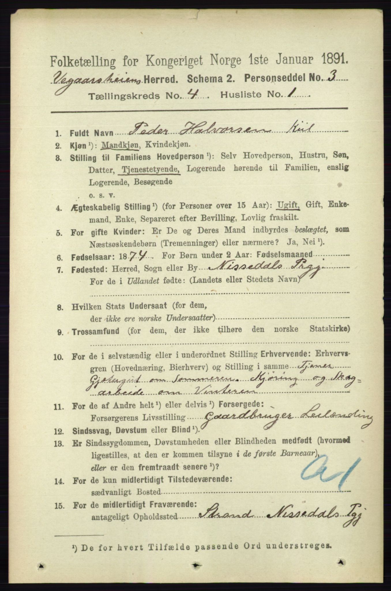 RA, 1891 census for 0912 Vegårshei, 1891, p. 760