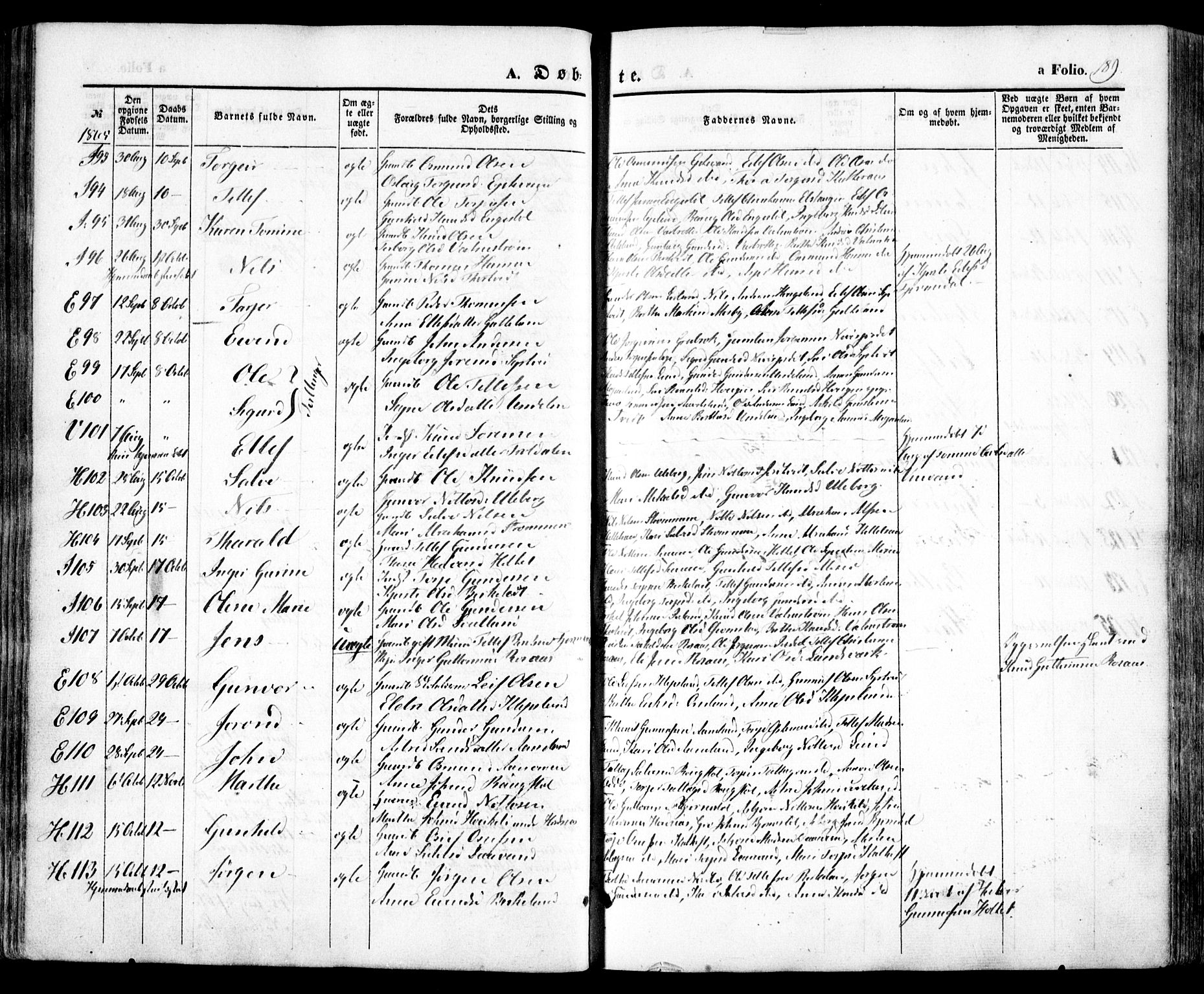 Evje sokneprestkontor, SAK/1111-0008/F/Fa/Faa/L0005: Parish register (official) no. A 5, 1843-1865, p. 189