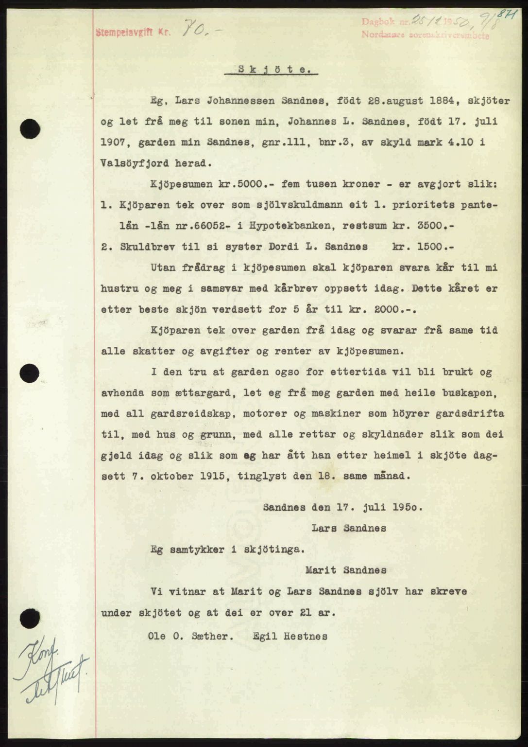 Nordmøre sorenskriveri, AV/SAT-A-4132/1/2/2Ca: Mortgage book no. A115, 1950-1950, Diary no: : 2512/1950