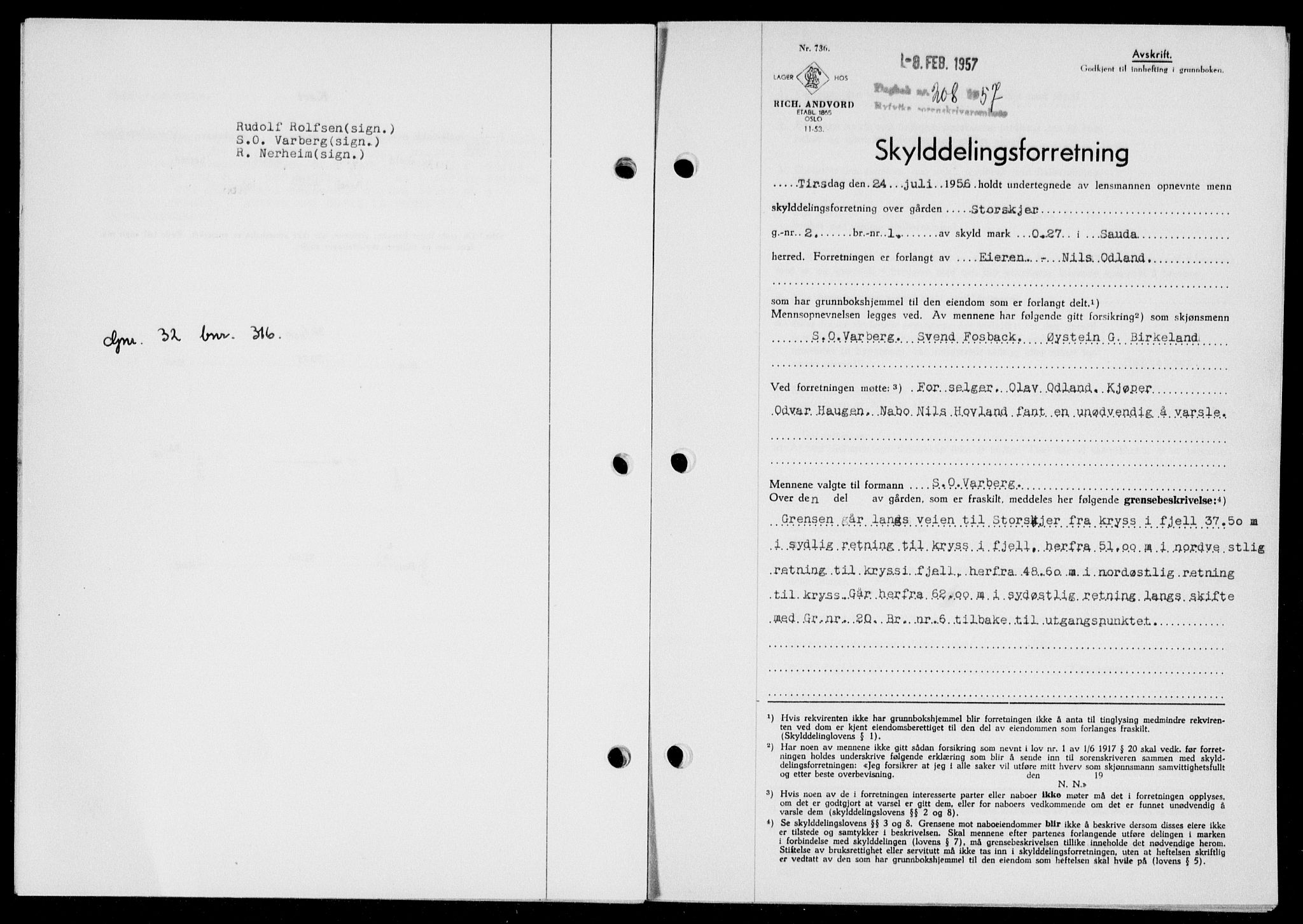 Ryfylke tingrett, SAST/A-100055/001/II/IIB/L0135: Mortgage book no. 114, 1956-1957, Diary no: : 208/1957