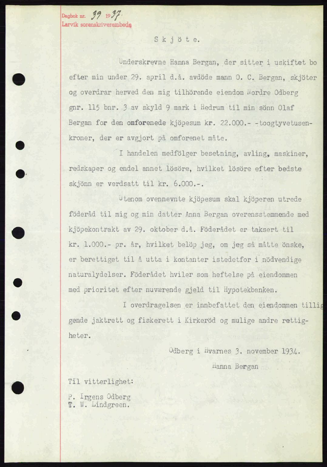 Larvik sorenskriveri, SAKO/A-83/G/Ga/Gab/L0067: Mortgage book no. A-1, 1936-1937, Diary no: : 39/1937