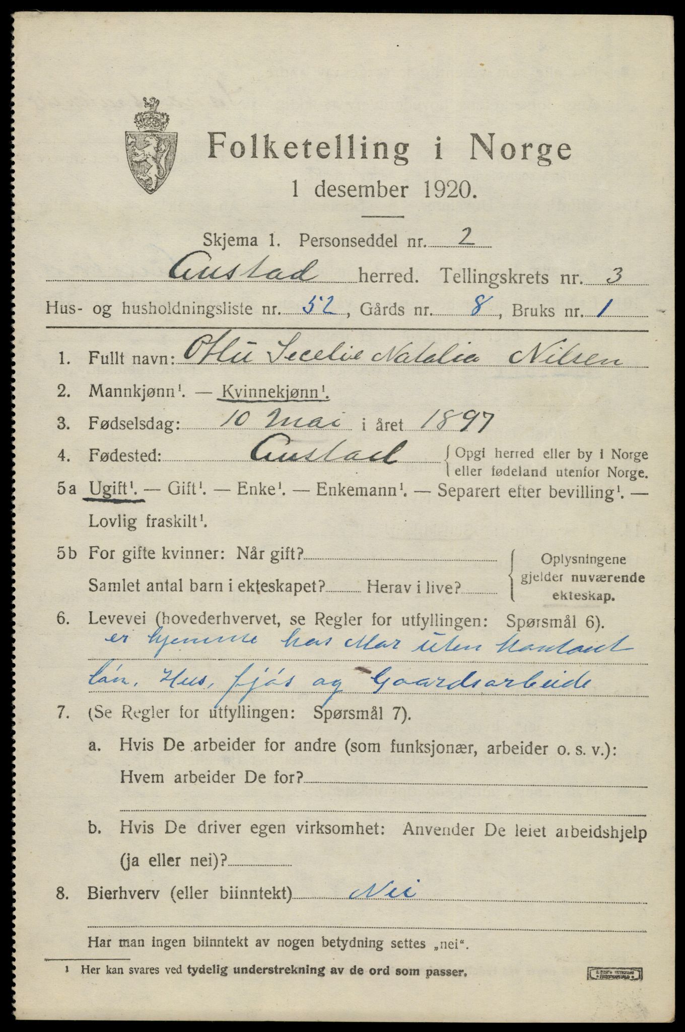 SAK, 1920 census for Austad, 1920, p. 1401