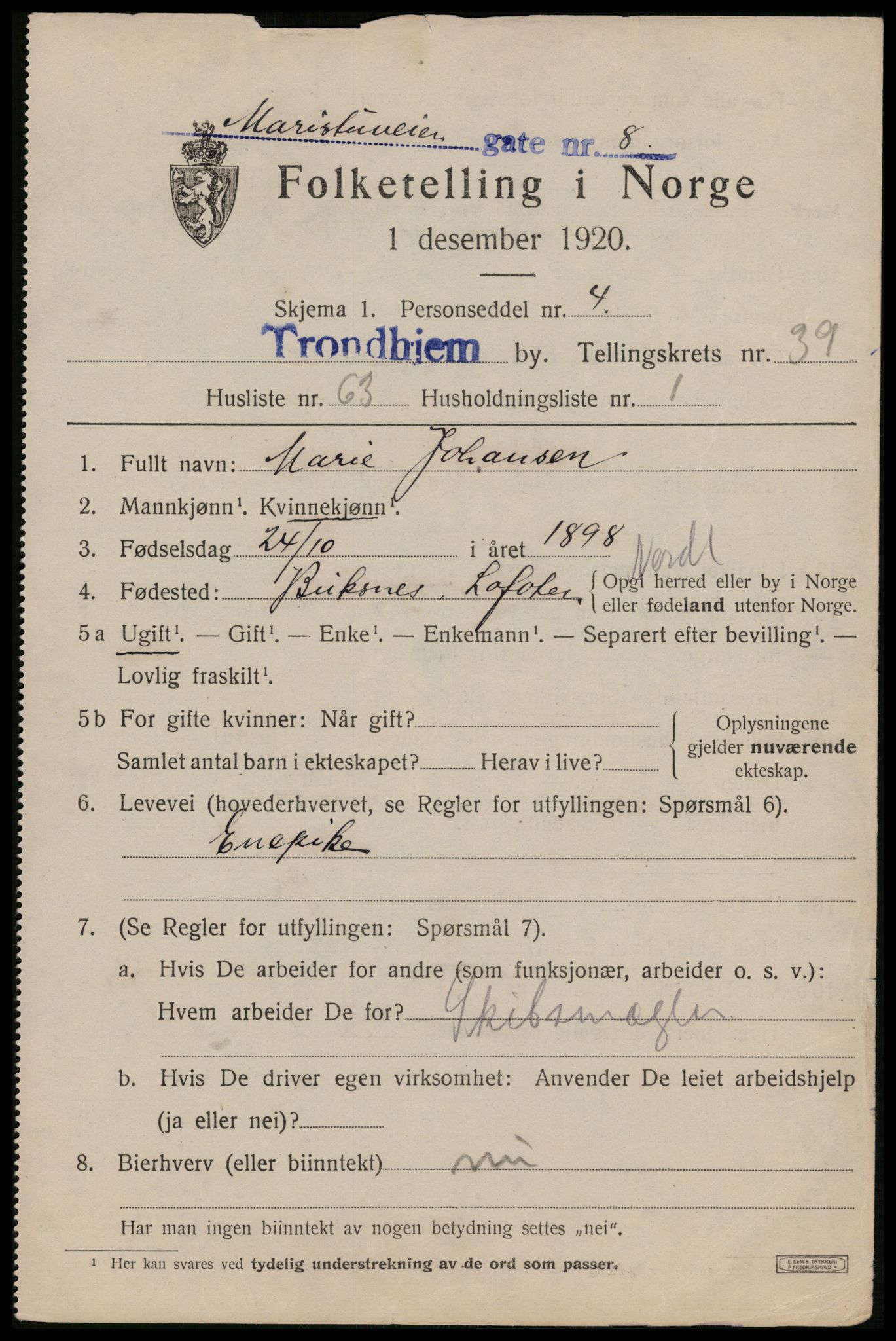 SAT, 1920 census for Trondheim, 1920, p. 89410