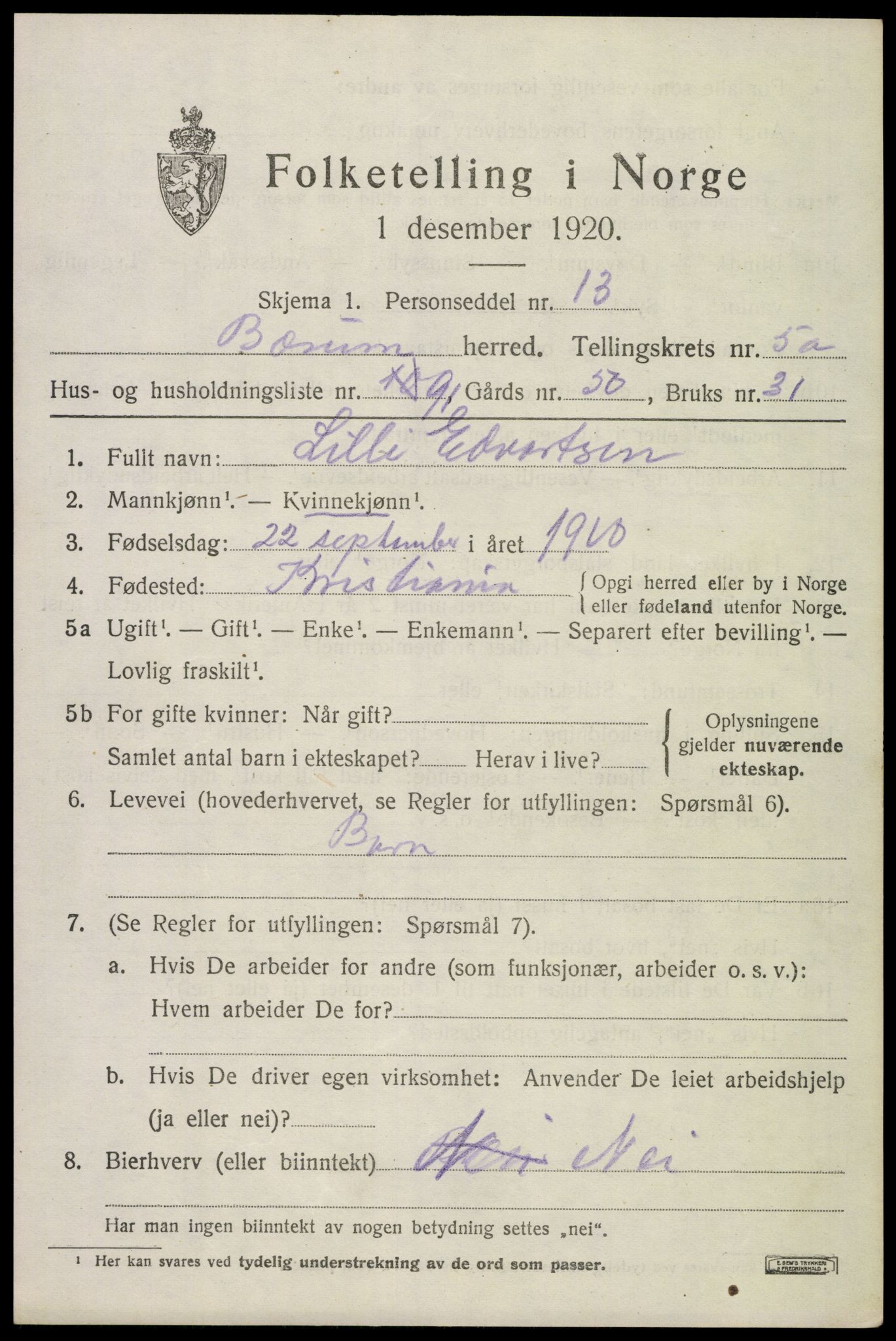 SAO, 1920 census for Bærum, 1920, p. 11614