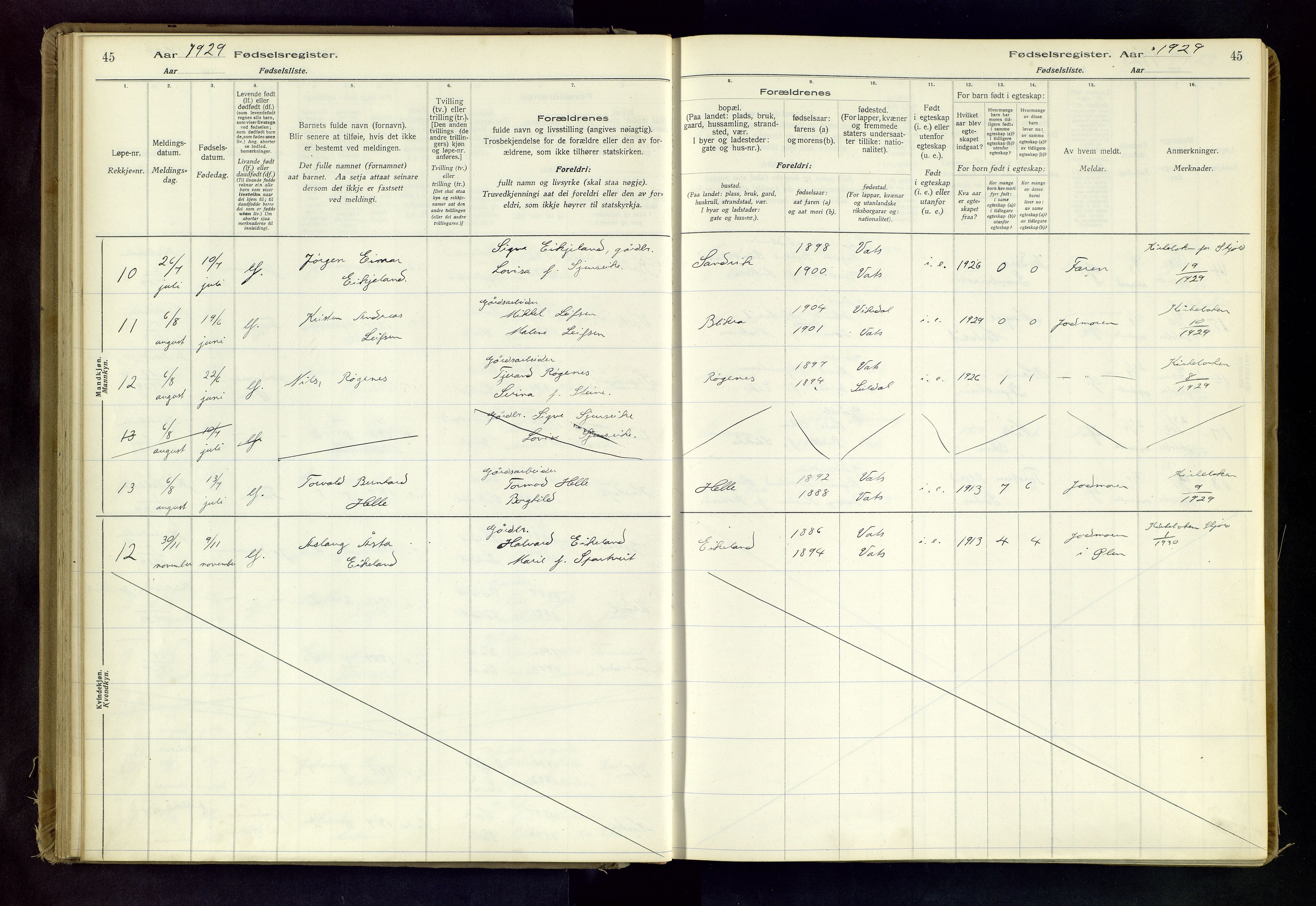 Skjold sokneprestkontor, AV/SAST-A-101847/I/Id/L0003: Birth register no. 3, 1917-1982, p. 45