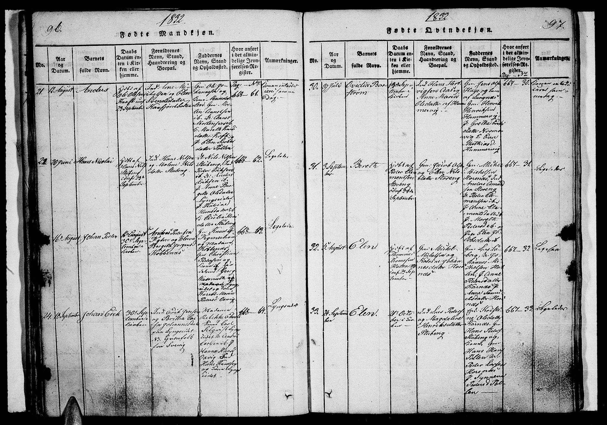 Lyngen sokneprestembete, AV/SATØ-S-1289/H/He/Heb/L0001klokker: Parish register (copy) no. 1, 1826-1838, p. 96-97