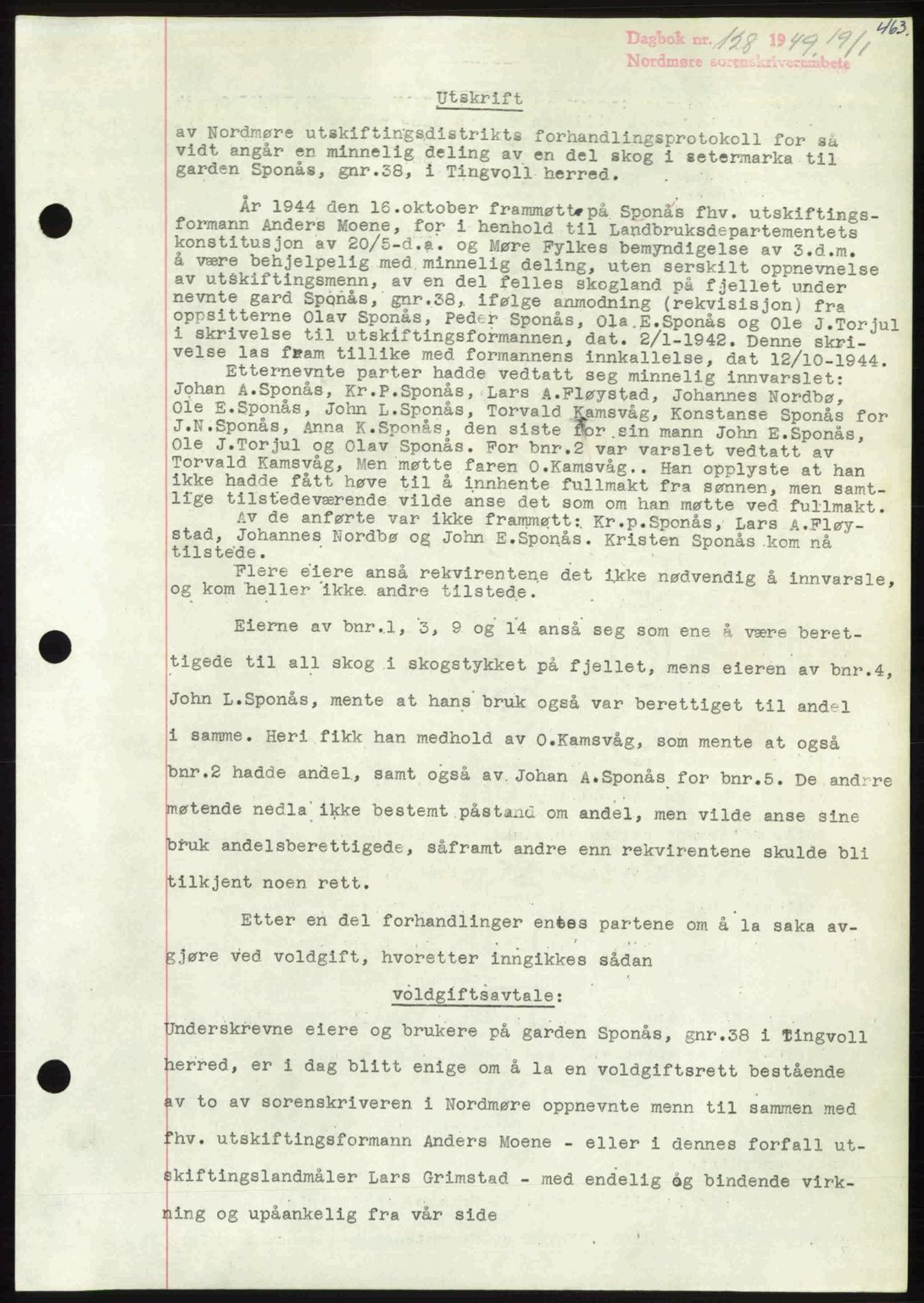 Nordmøre sorenskriveri, AV/SAT-A-4132/1/2/2Ca: Mortgage book no. A110, 1948-1949, Diary no: : 128/1949