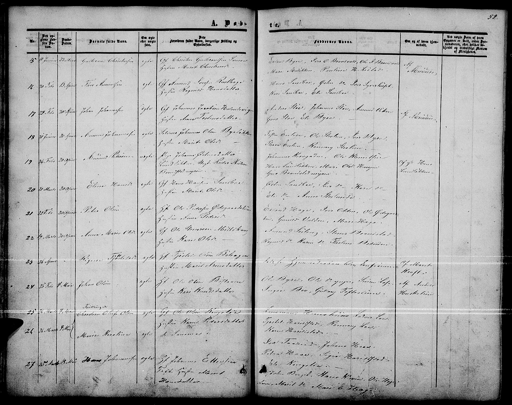 Nord-Fron prestekontor, SAH/PREST-080/H/Ha/Hab/L0001: Parish register (copy) no. 1, 1851-1883, p. 52