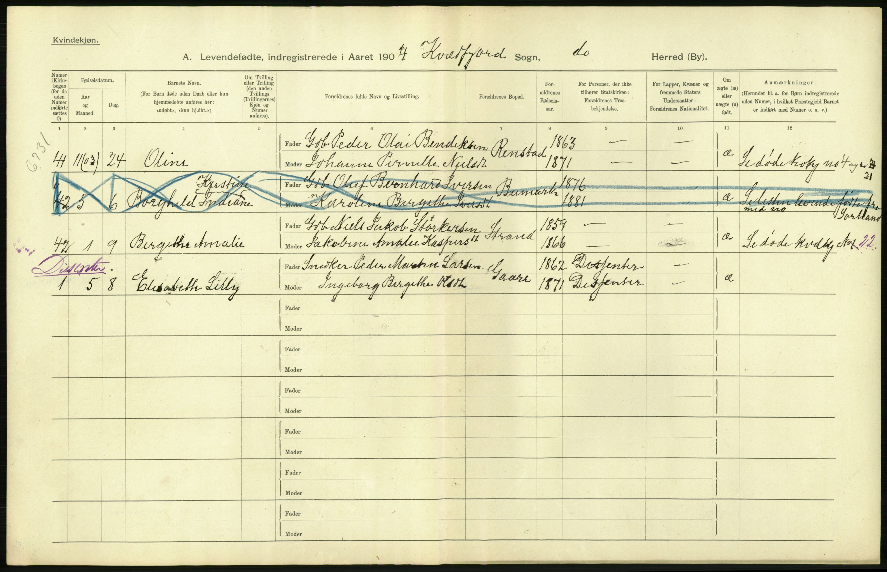 Statistisk sentralbyrå, Sosiodemografiske emner, Befolkning, AV/RA-S-2228/D/Df/Dfa/Dfab/L0022: Tromsø amt: Fødte, gifte, døde, 1904, p. 16