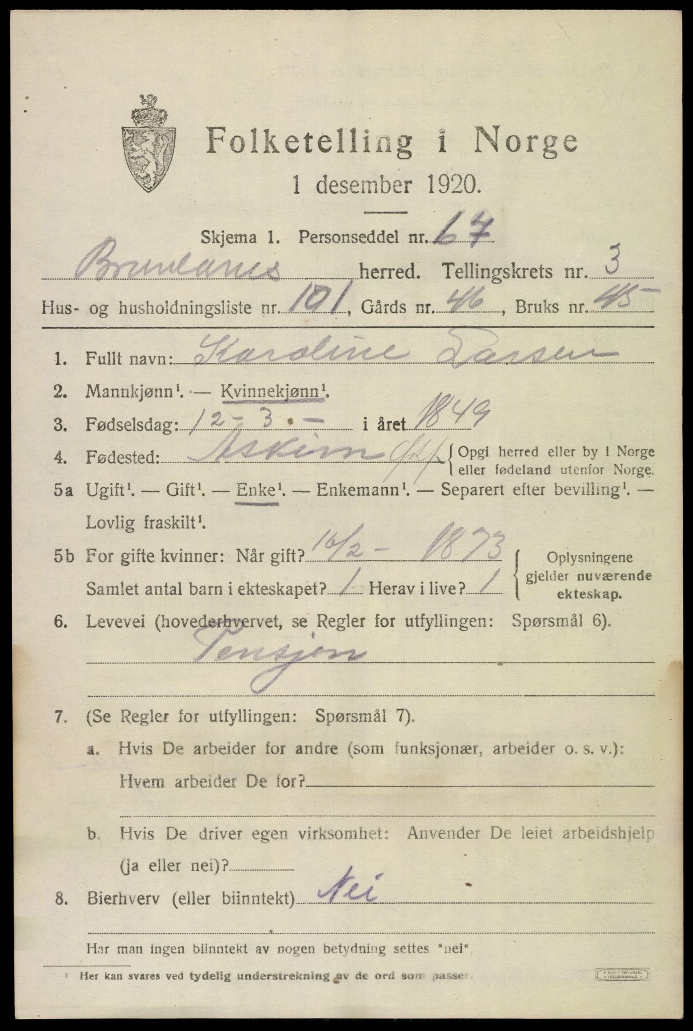 SAKO, 1920 census for Brunlanes, 1920, p. 6101