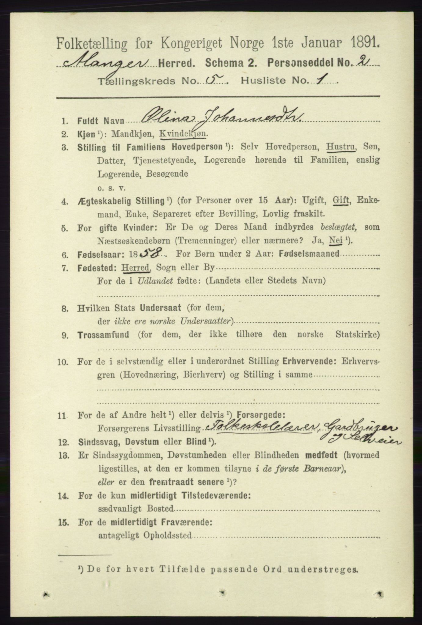 RA, 1891 census for 1261 Manger, 1891, p. 2649