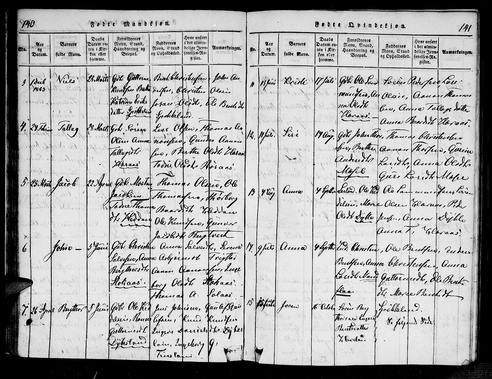 Bjelland sokneprestkontor, SAK/1111-0005/F/Fa/Fab/L0002: Parish register (official) no. A 2, 1816-1869, p. 140-141