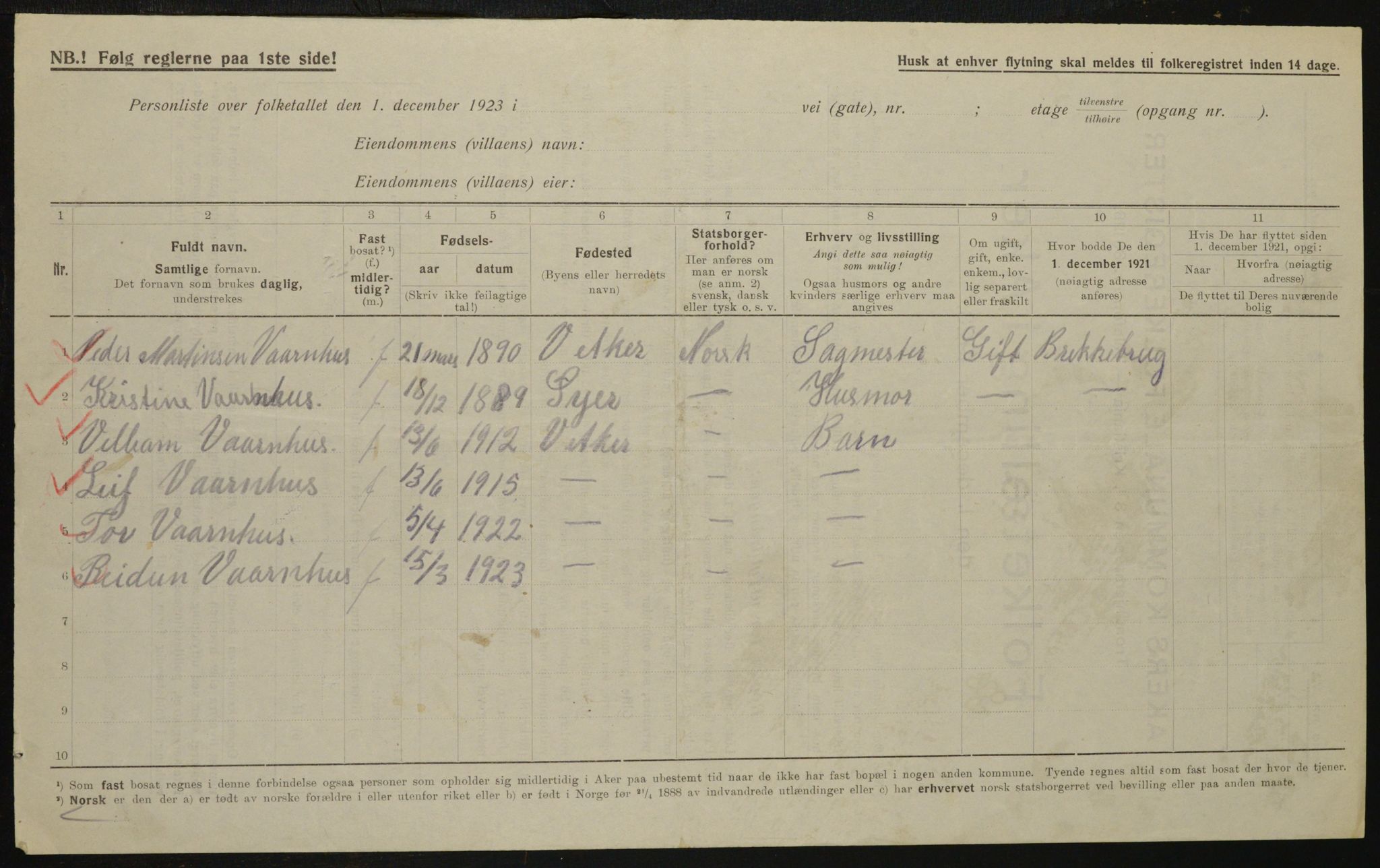 , Municipal Census 1923 for Aker, 1923, p. 13216