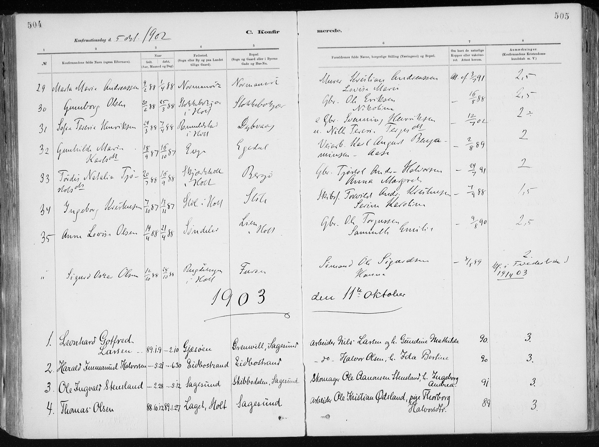 Dypvåg sokneprestkontor, AV/SAK-1111-0007/F/Fa/Faa/L0008: Parish register (official) no. A 8, 1885-1906, p. 504-505