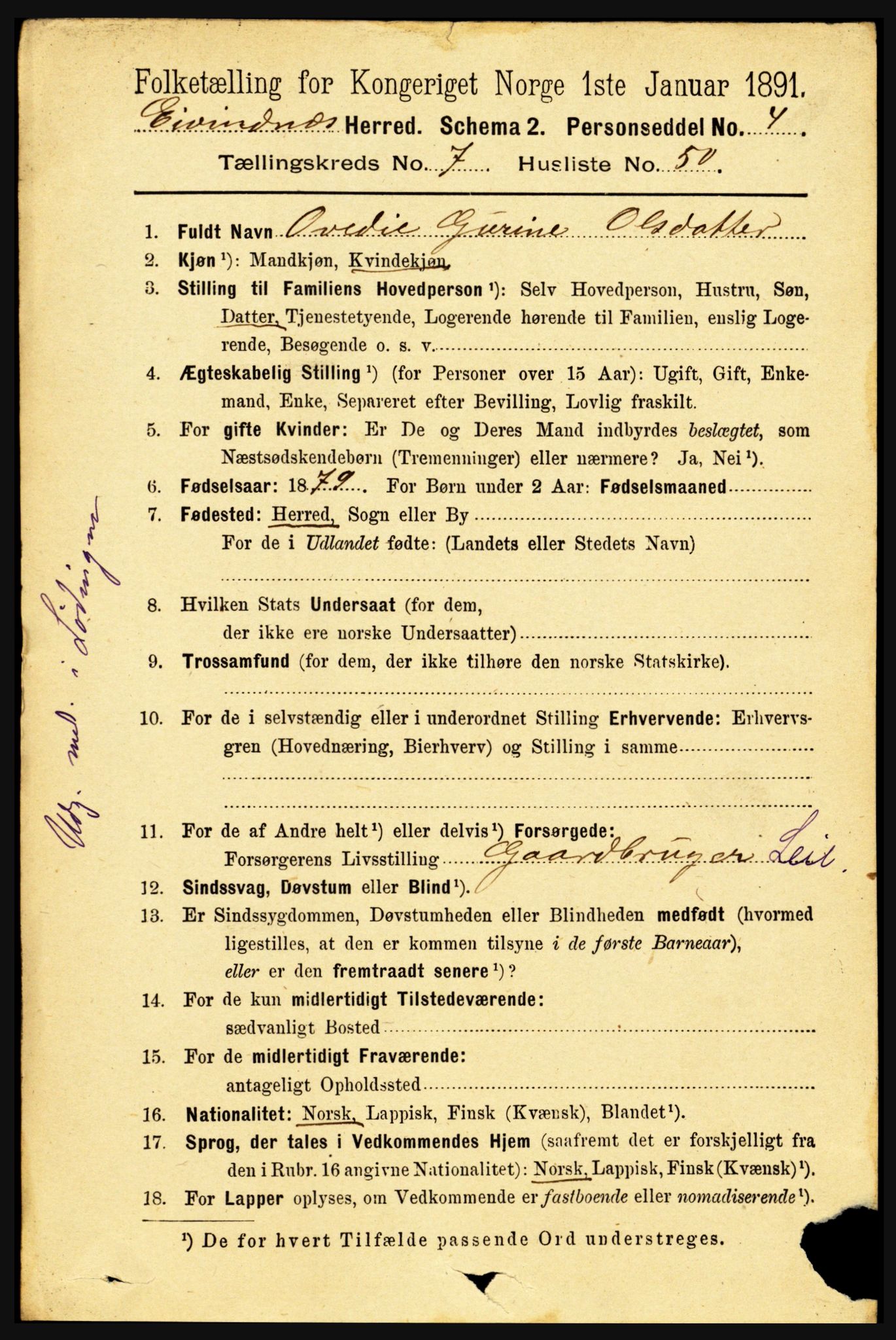 RA, 1891 census for 1853 Evenes, 1891, p. 2470