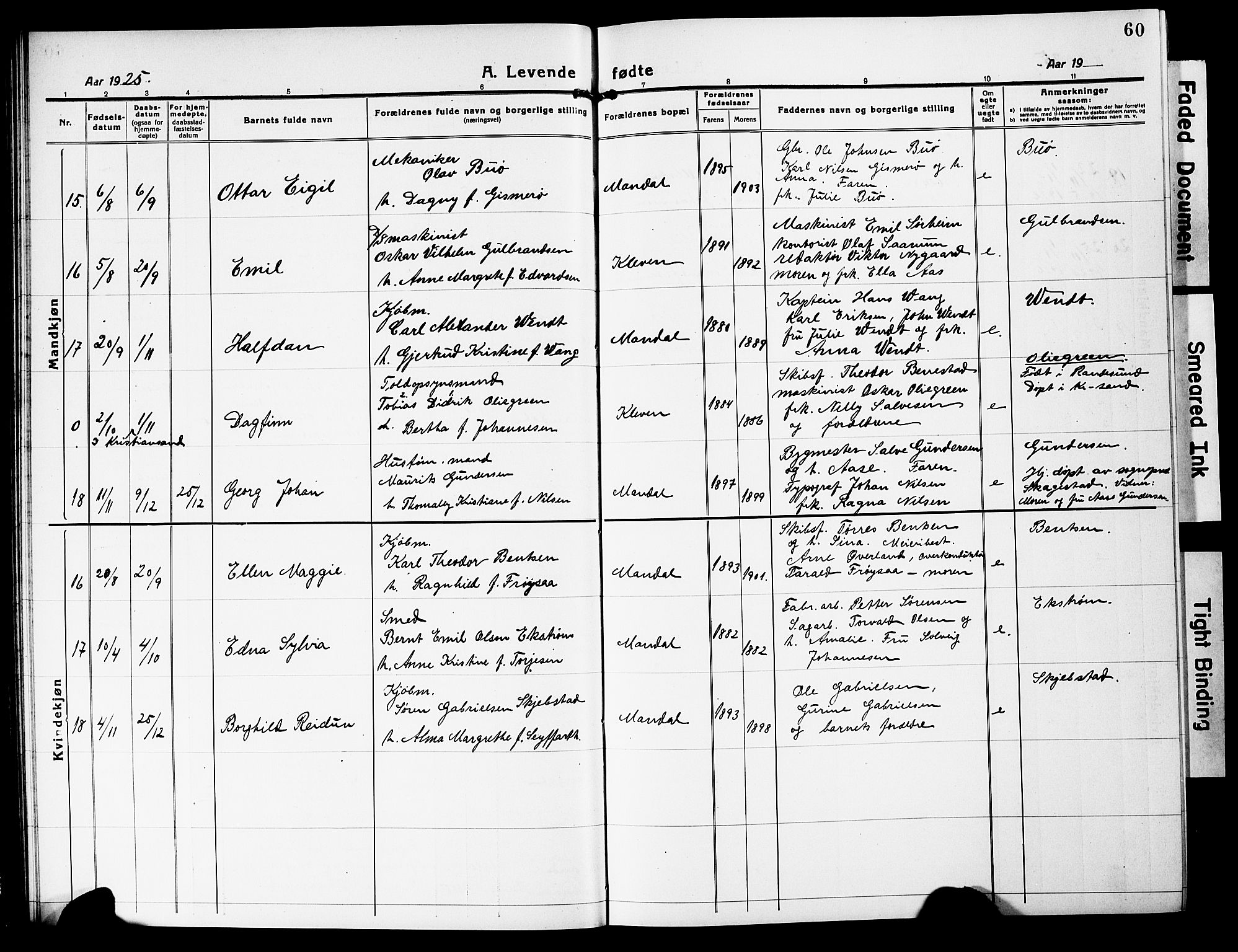 Mandal sokneprestkontor, AV/SAK-1111-0030/F/Fb/Fbc/L0001: Parish register (copy) no. B 1, 1918-1931, p. 60