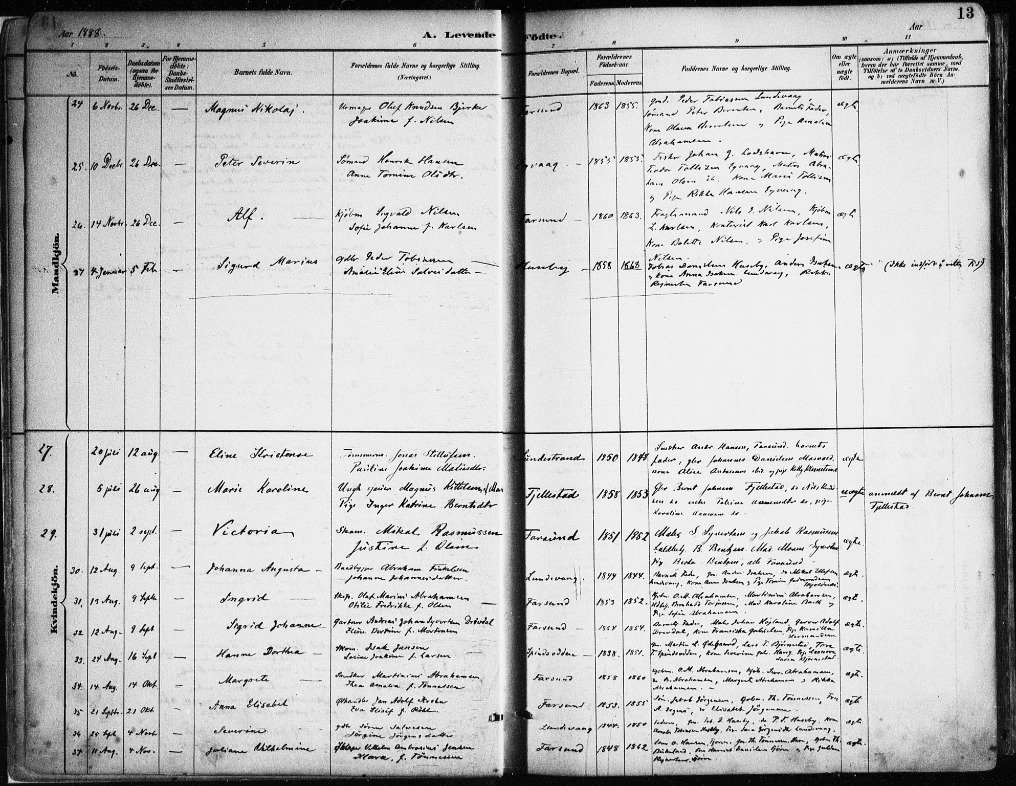 Farsund sokneprestkontor, SAK/1111-0009/F/Fa/L0006: Parish register (official) no. A 6, 1887-1920, p. 13