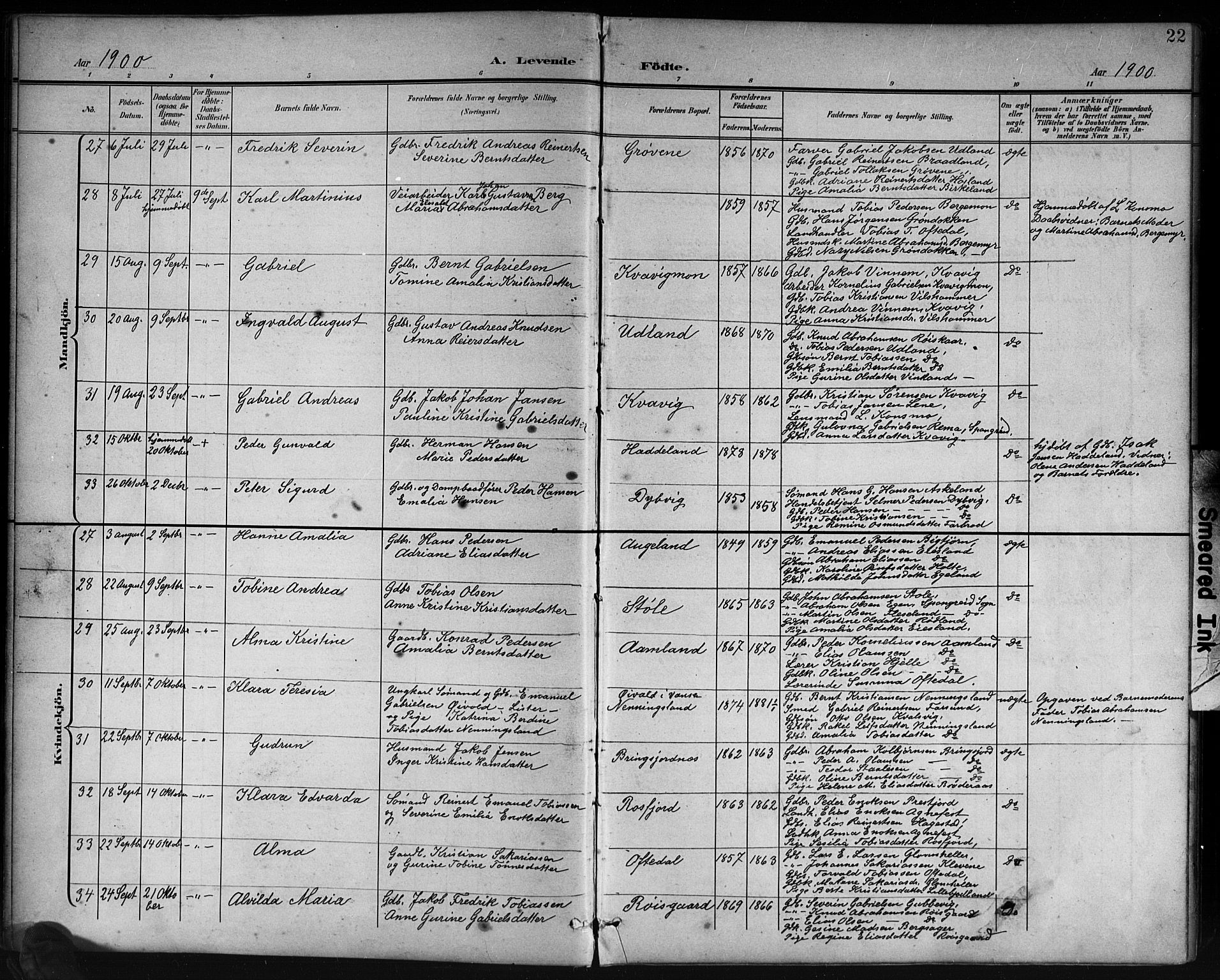 Lyngdal sokneprestkontor, AV/SAK-1111-0029/F/Fb/Fbc/L0005: Parish register (copy) no. B 5, 1897-1913, p. 22