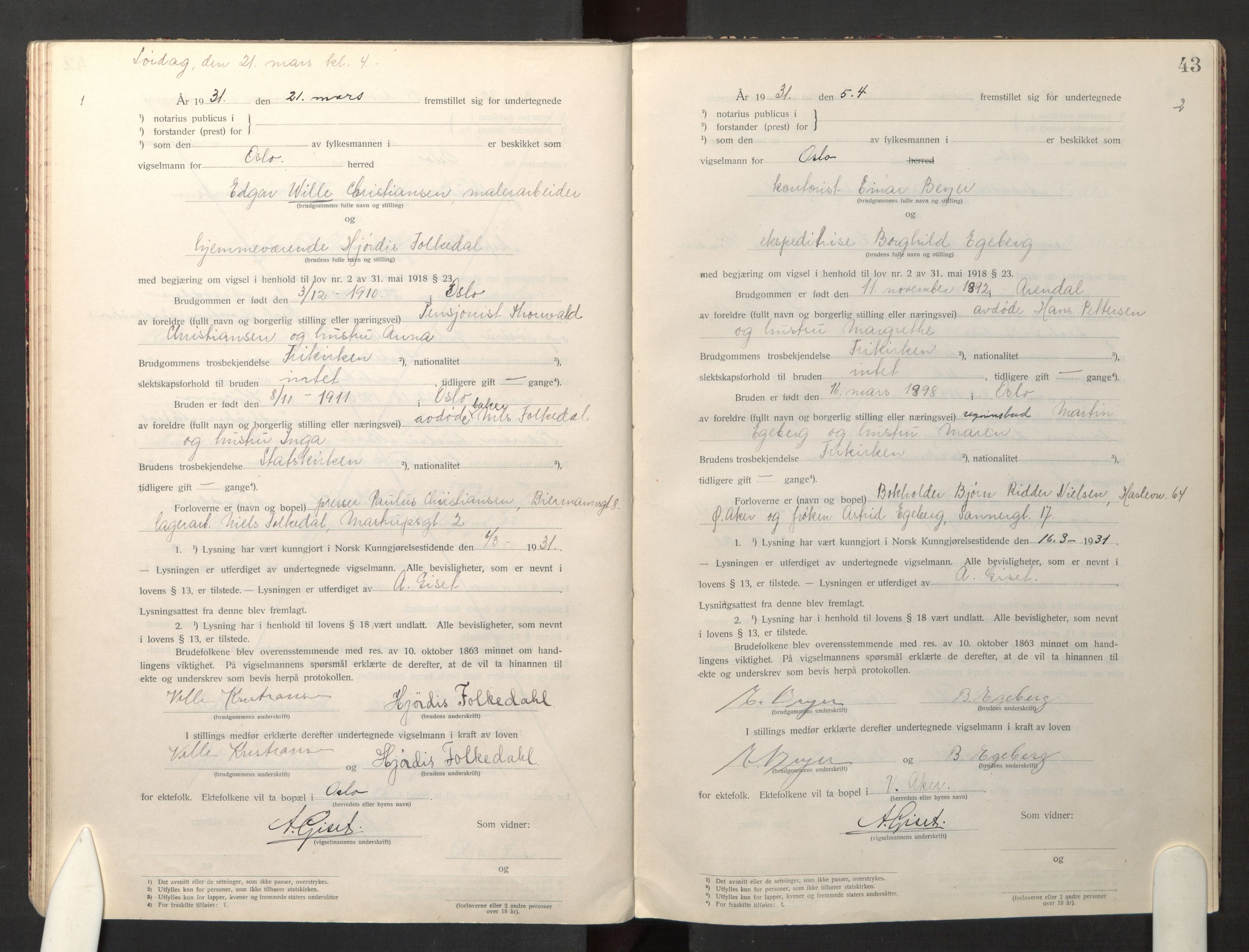 Den evangelisk-lutherske frikirke østre menighet, Oslo, SAO/PAO-0245/F/L0005: Marriage register (dissenter) no. 5, 1920-1941, p. 43