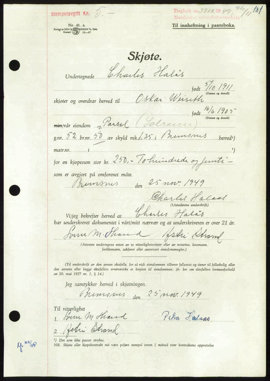 Nordmøre sorenskriveri, AV/SAT-A-4132/1/2/2Ca: Mortgage book no. A113, 1949-1950, Diary no: : 3312/1949