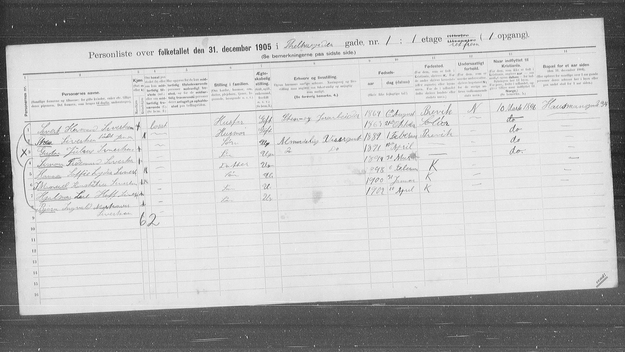 OBA, Municipal Census 1905 for Kristiania, 1905, p. 56158