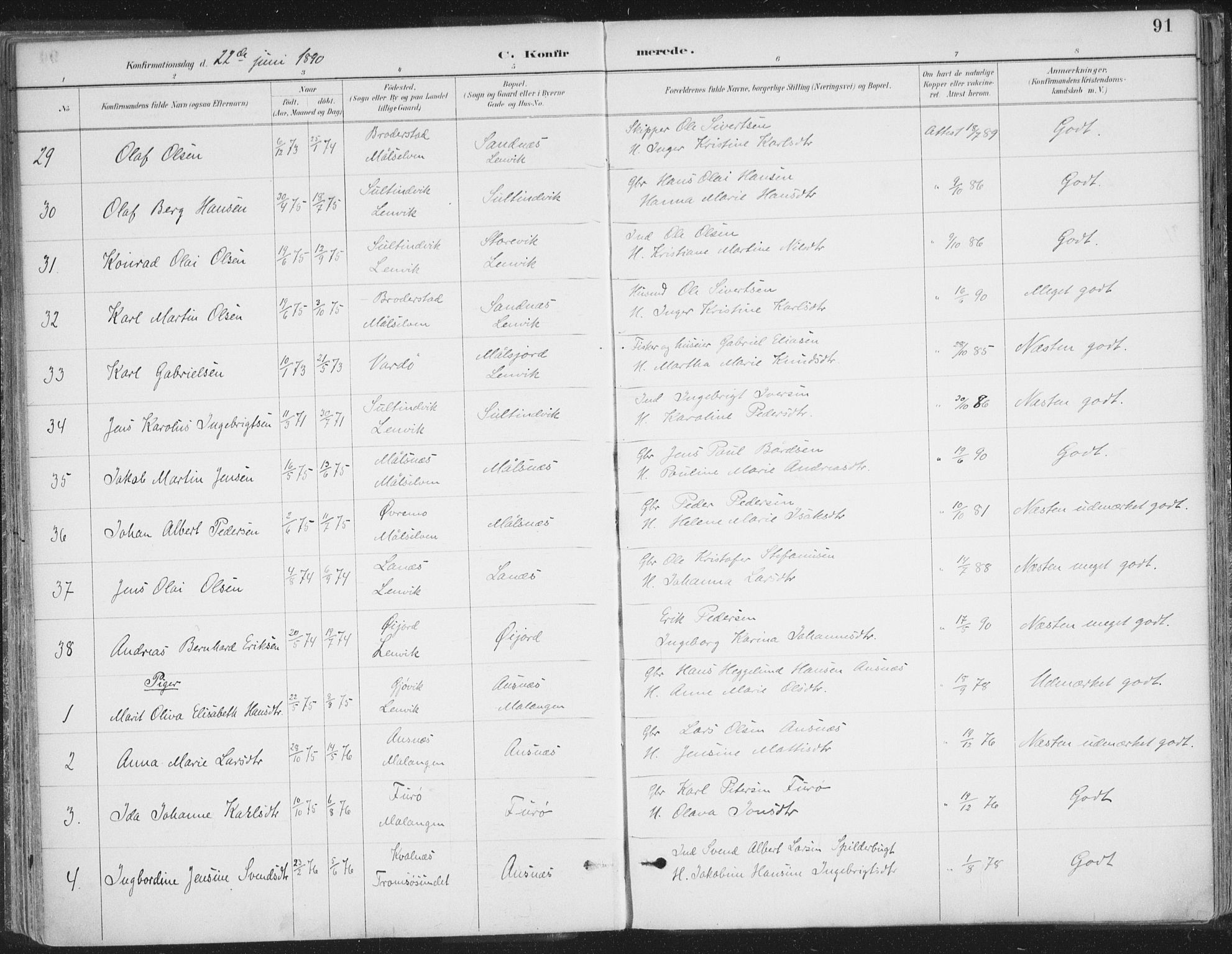 Balsfjord sokneprestembete, AV/SATØ-S-1303/G/Ga/L0007kirke: Parish register (official) no. 7, 1887-1909, p. 91