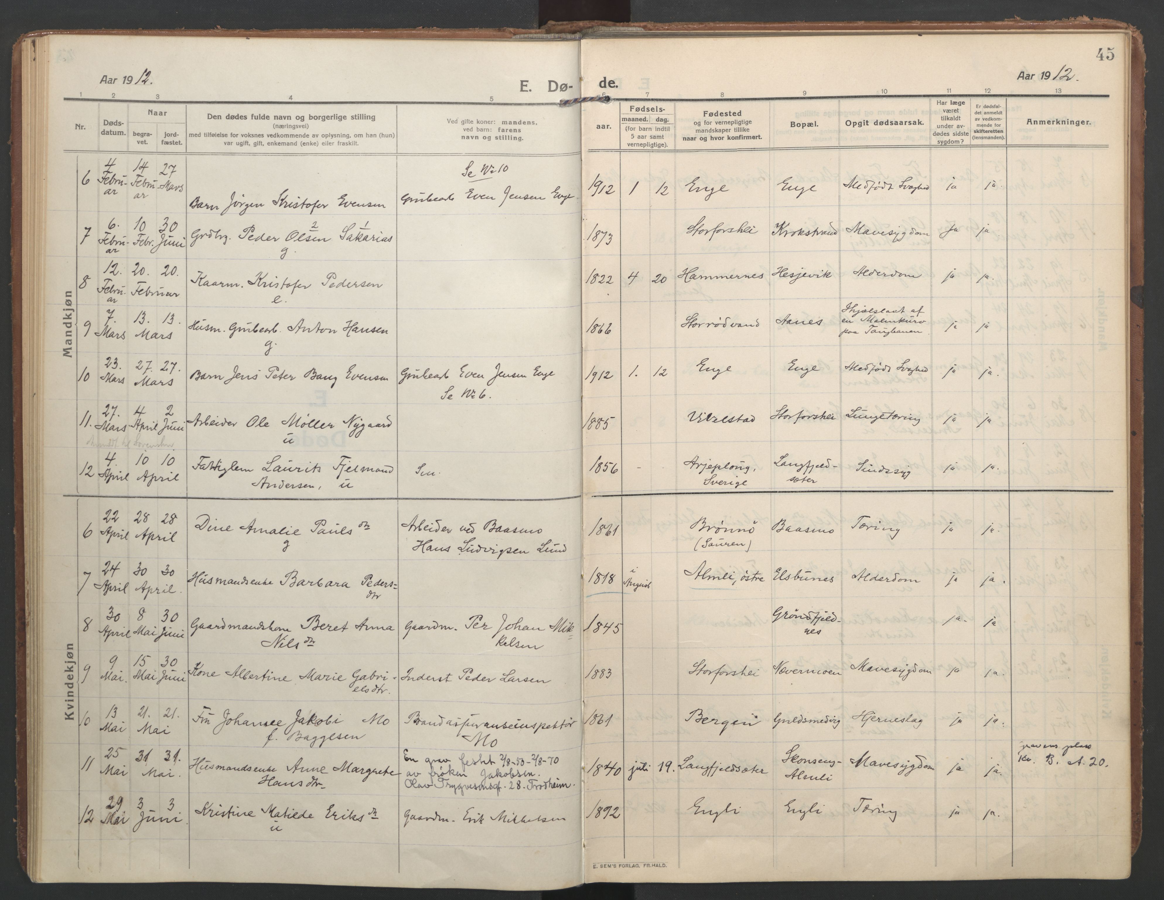 Ministerialprotokoller, klokkerbøker og fødselsregistre - Nordland, AV/SAT-A-1459/827/L0405: Parish register (official) no. 827A17, 1912-1925, p. 45