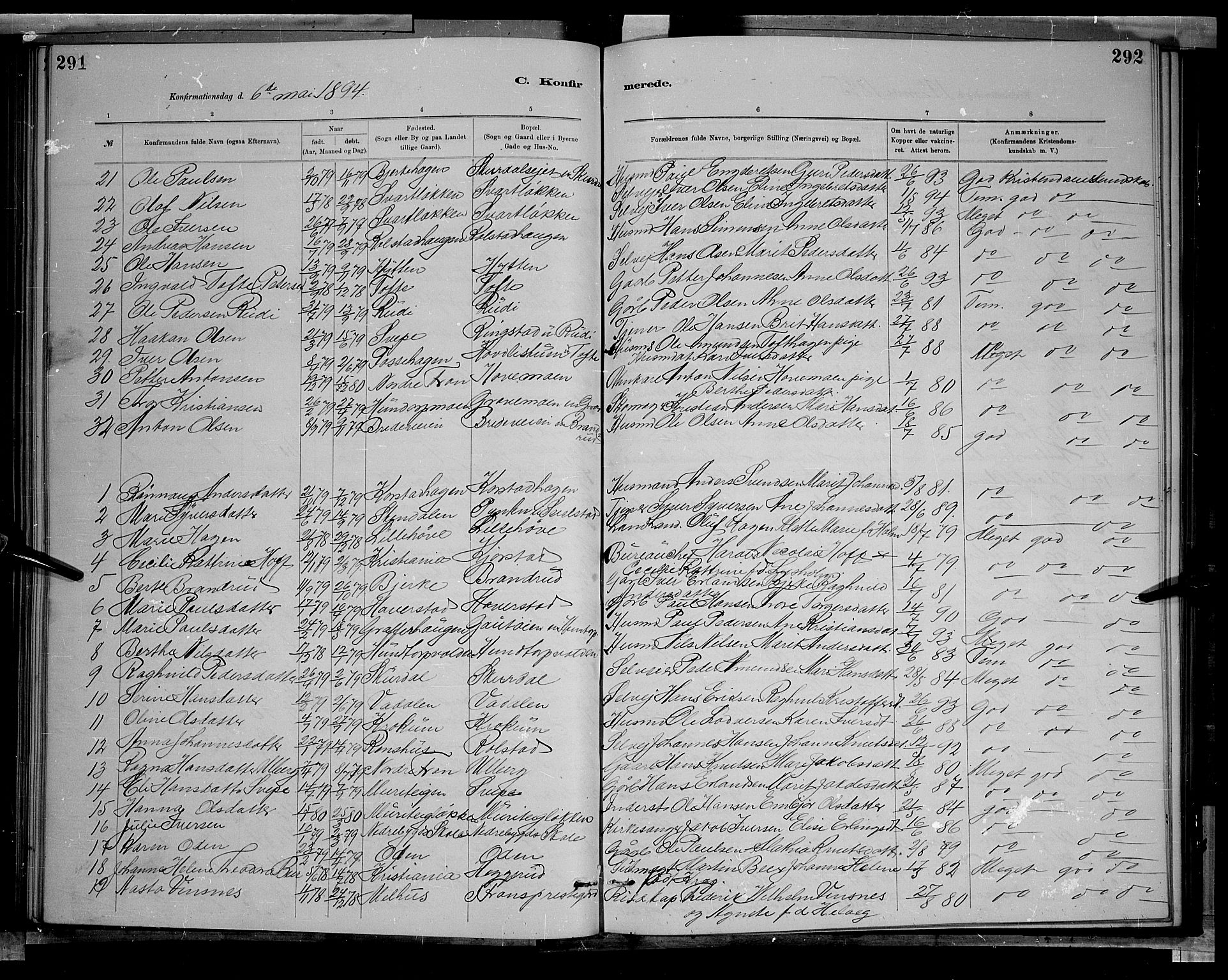 Sør-Fron prestekontor, SAH/PREST-010/H/Ha/Hab/L0003: Parish register (copy) no. 3, 1884-1896, p. 291-292