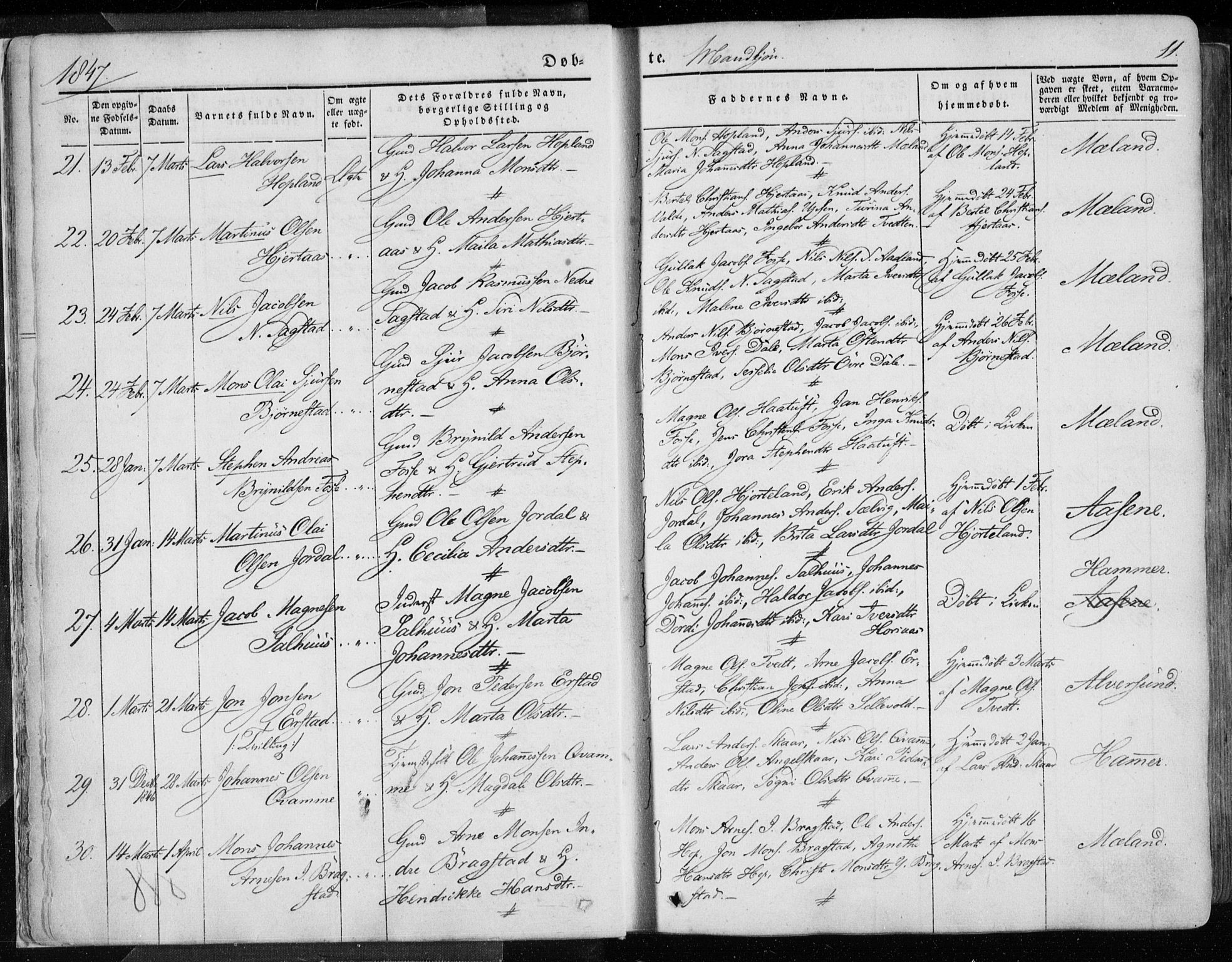 Hamre sokneprestembete, AV/SAB-A-75501/H/Ha/Haa/Haaa/L0013: Parish register (official) no. A 13, 1846-1857, p. 11