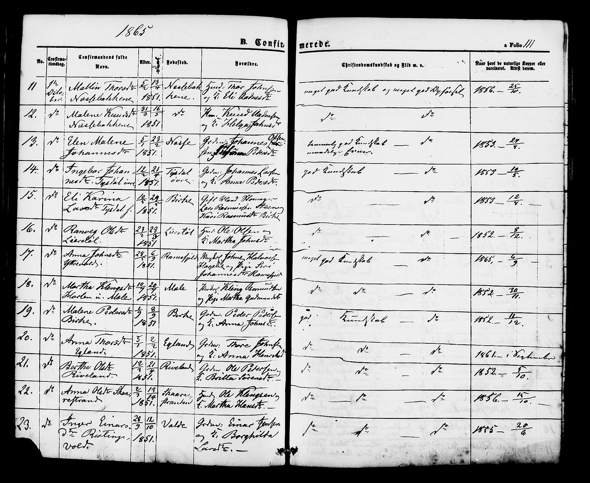 Hjelmeland sokneprestkontor, AV/SAST-A-101843/01/IV/L0012: Parish register (official) no. A 12, 1862-1886, p. 111