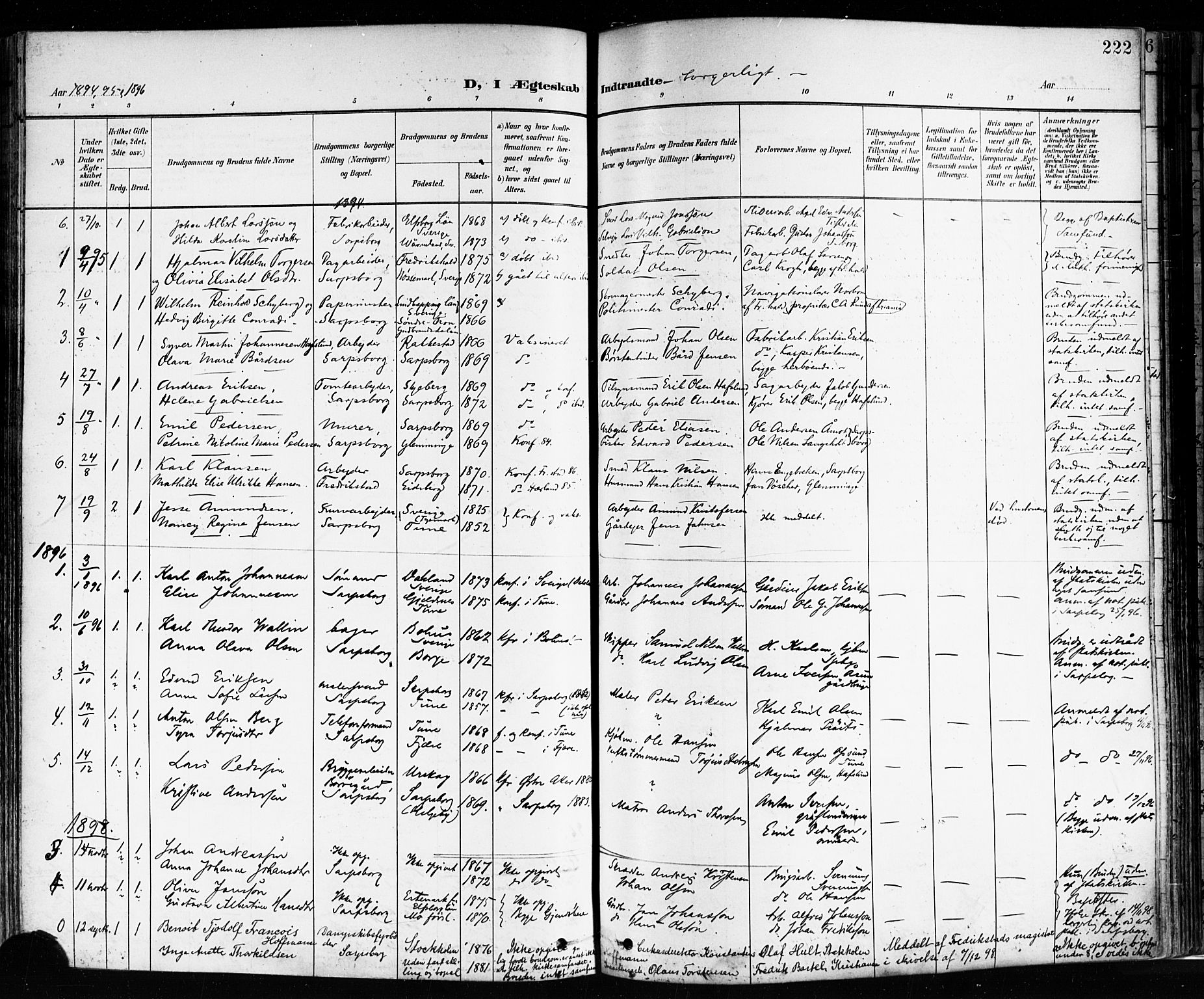 Sarpsborg prestekontor Kirkebøker, SAO/A-2006/F/Fa/L0004: Parish register (official) no. 4, 1892-1899, p. 222