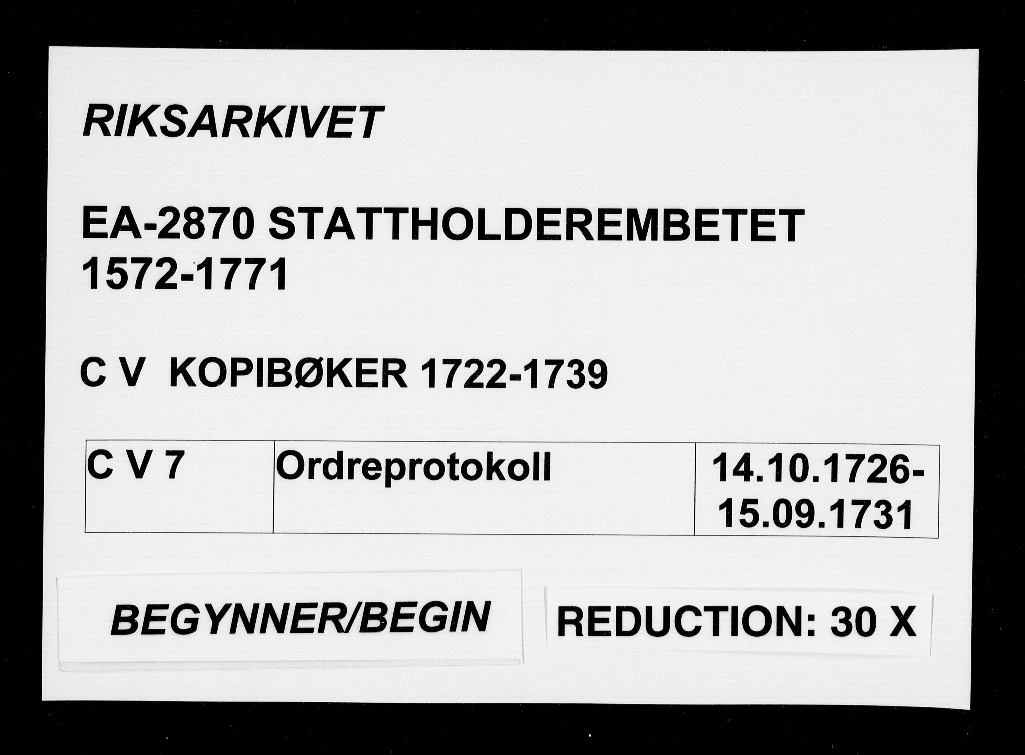 Stattholderembetet 1572-1771, AV/RA-EA-2870/Be/L0007: Ordreprotokoll, 1726-1731