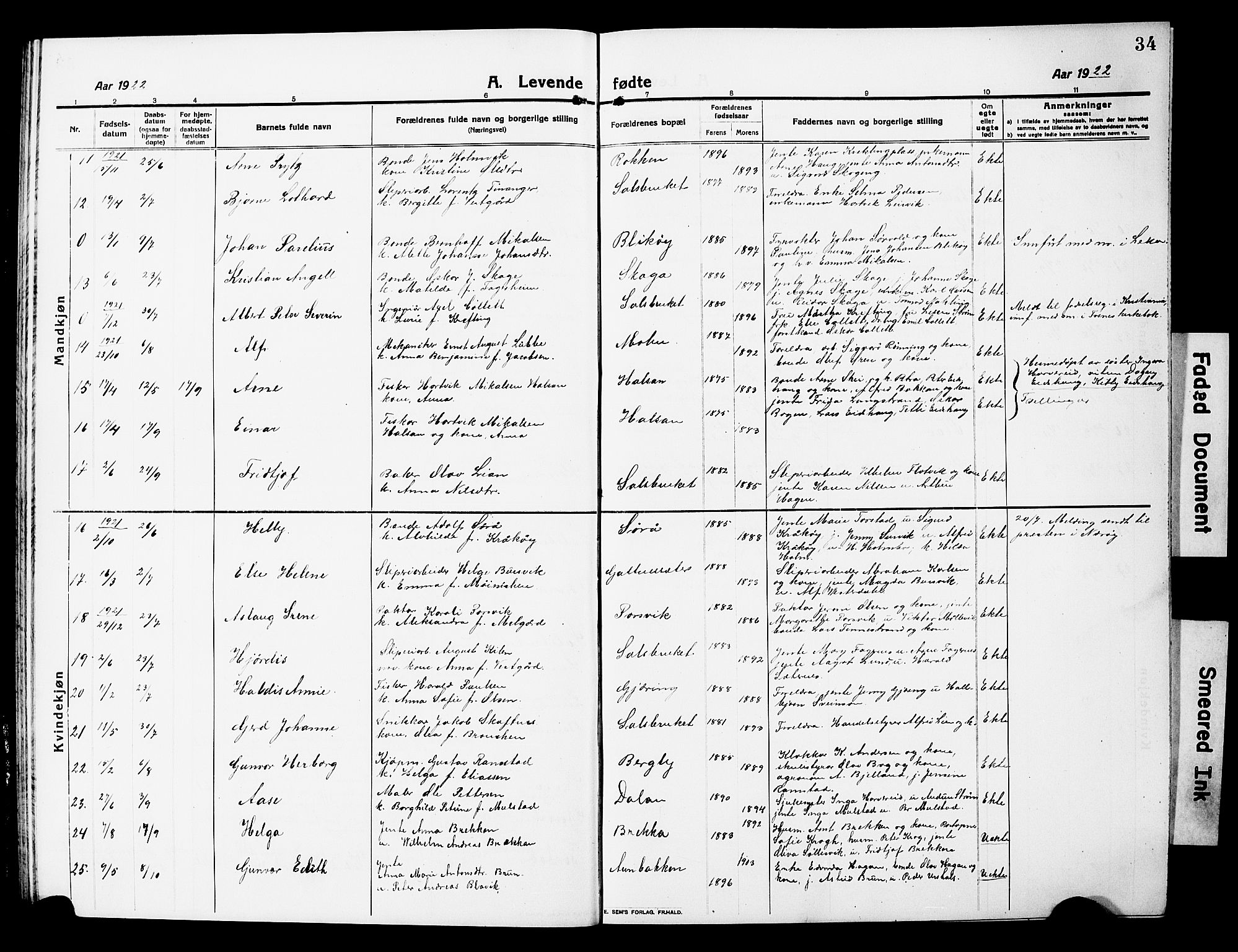 Ministerialprotokoller, klokkerbøker og fødselsregistre - Nord-Trøndelag, AV/SAT-A-1458/780/L0653: Parish register (copy) no. 780C05, 1911-1927, p. 34