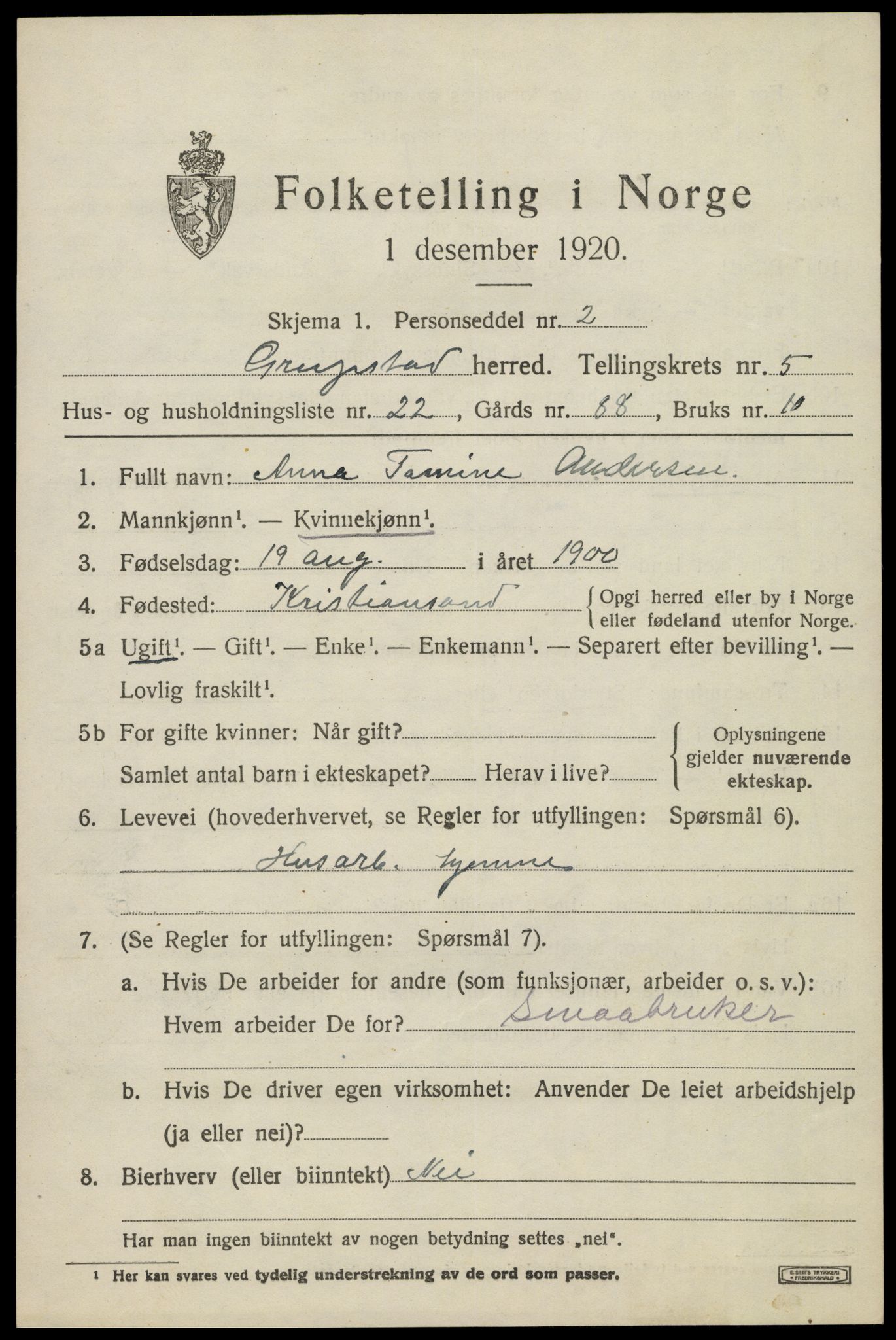 SAK, 1920 census for Greipstad, 1920, p. 1862