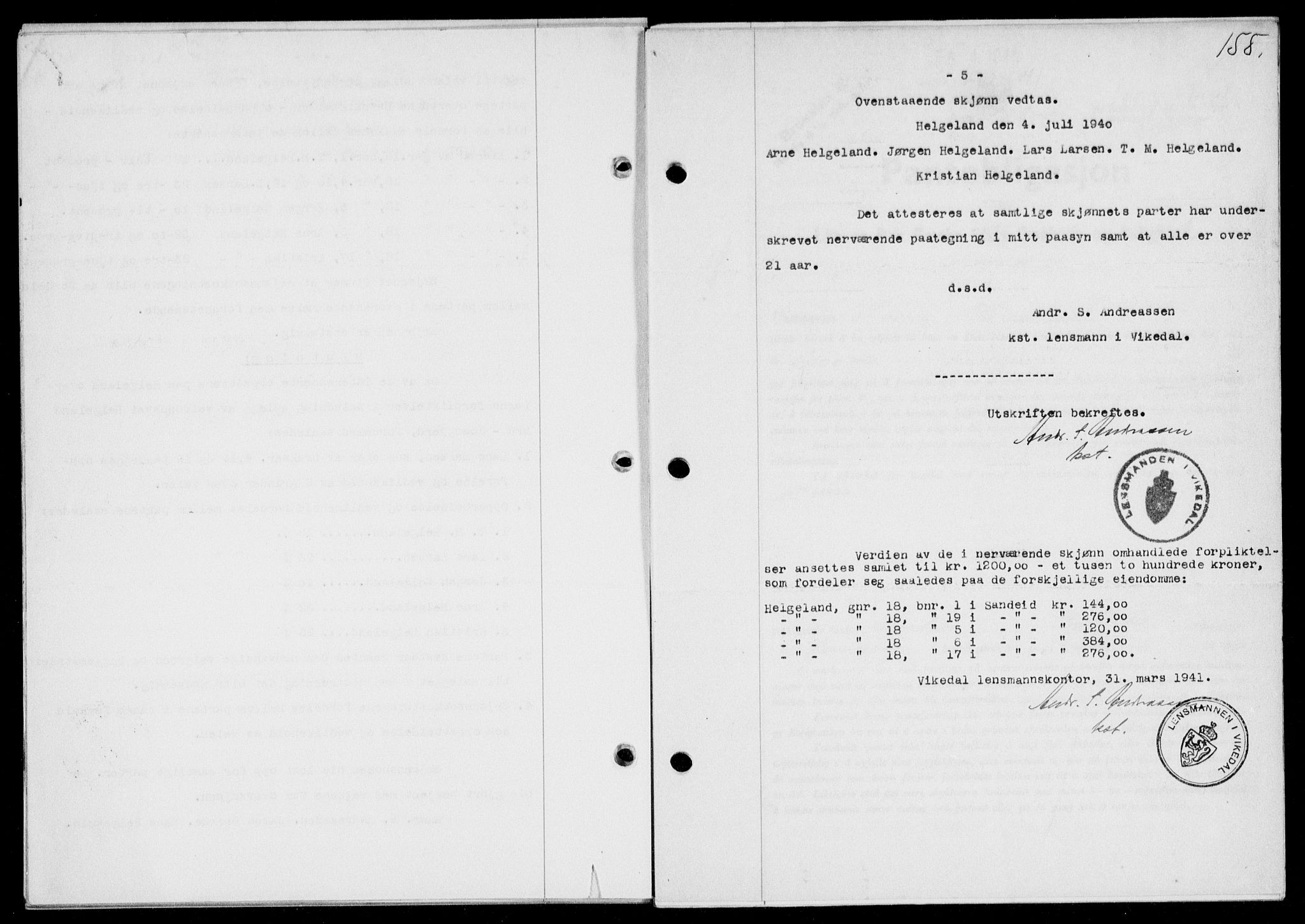 Ryfylke tingrett, SAST/A-100055/001/II/IIB/L0083: Mortgage book no. 62, 1941-1941, Diary no: : 389/1941