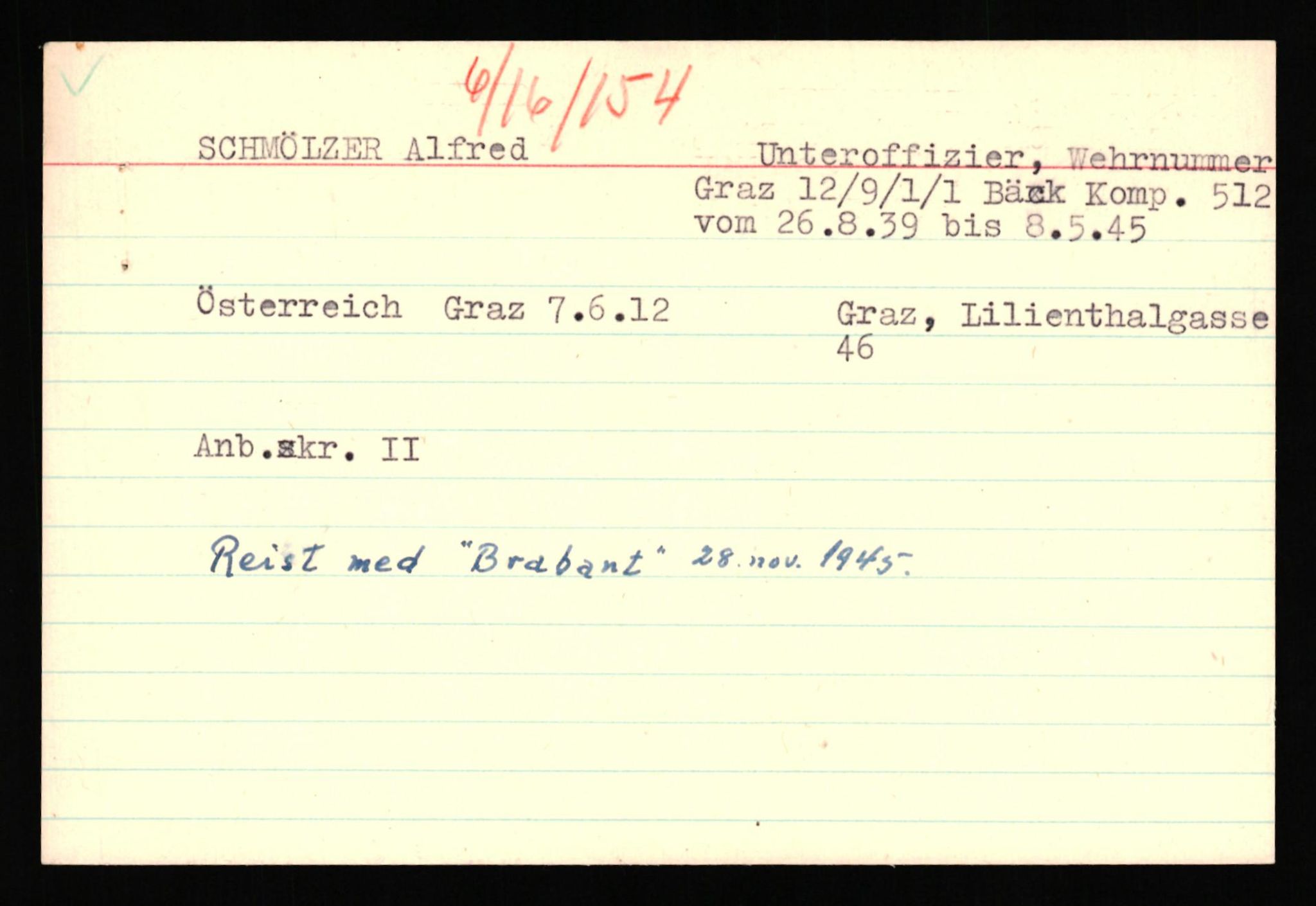 Forsvaret, Forsvarets overkommando II, AV/RA-RAFA-3915/D/Db/L0040: CI Questionaires. Tyske okkupasjonsstyrker i Norge. Østerrikere., 1945-1946, p. 183