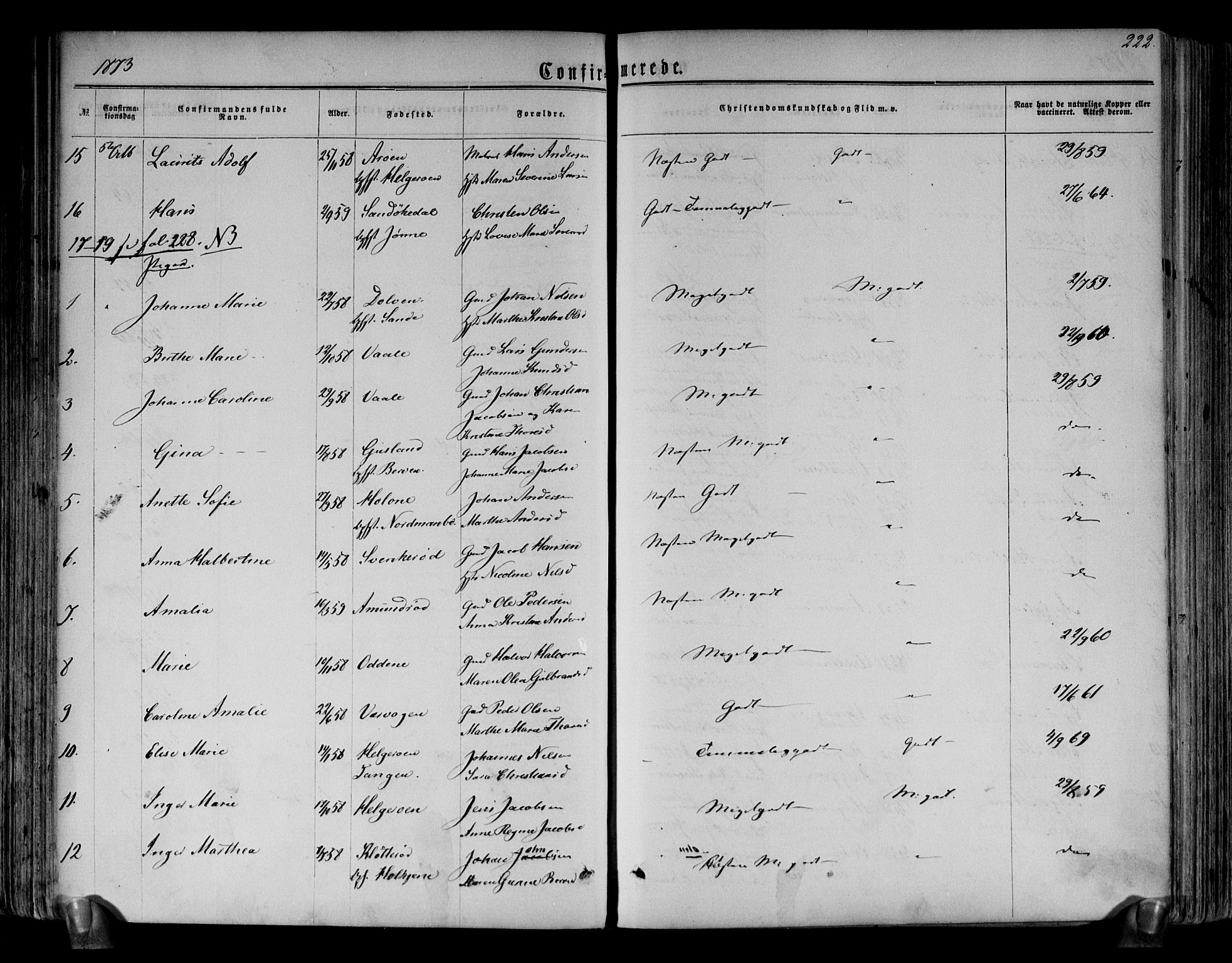 Brunlanes kirkebøker, AV/SAKO-A-342/F/Fa/L0005: Parish register (official) no. I 5, 1862-1877, p. 222