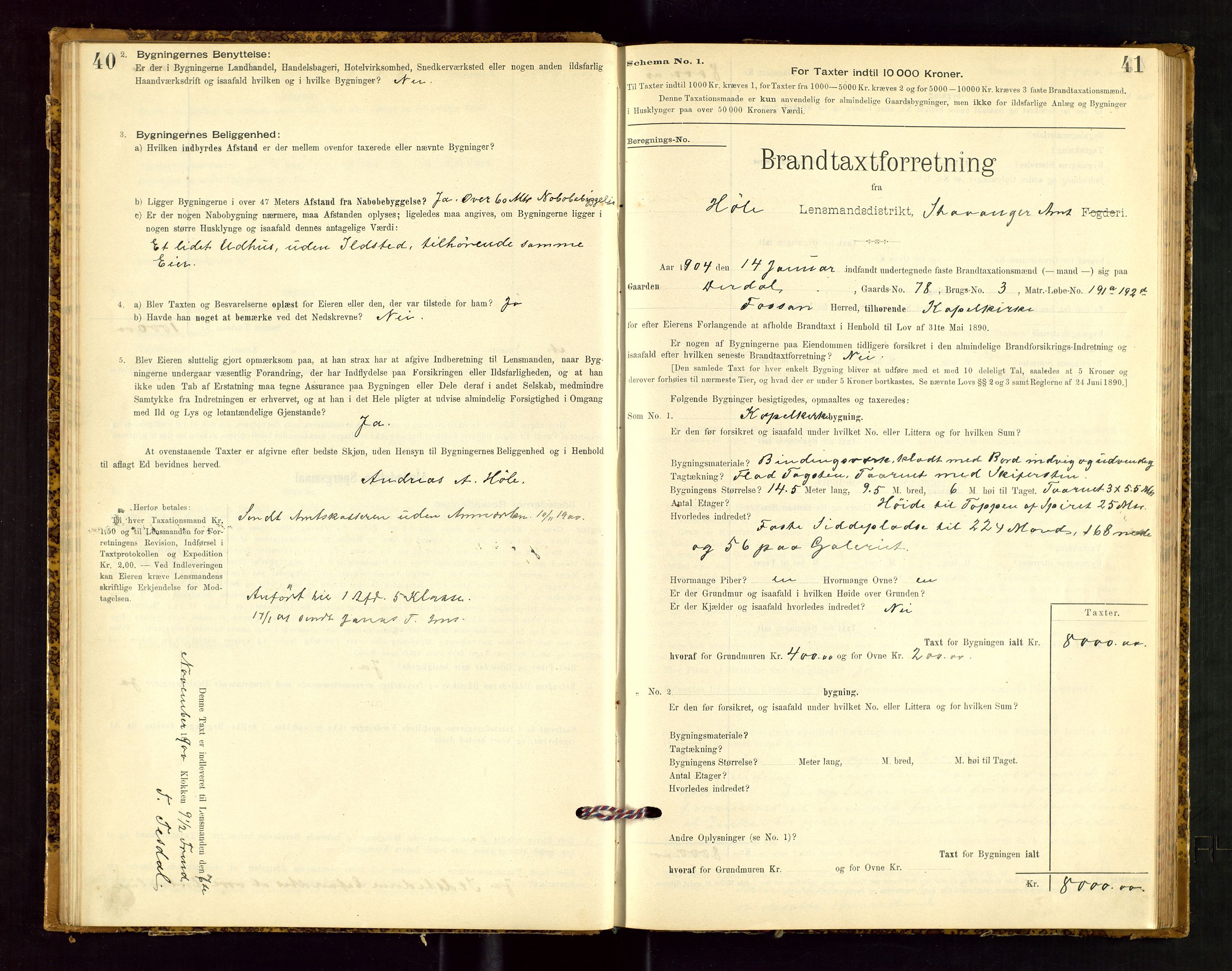 Høle og Forsand lensmannskontor, SAST/A-100127/Gob/L0001: "Brandtaxtprotokol" - skjematakst, 1897-1940, p. 40-41