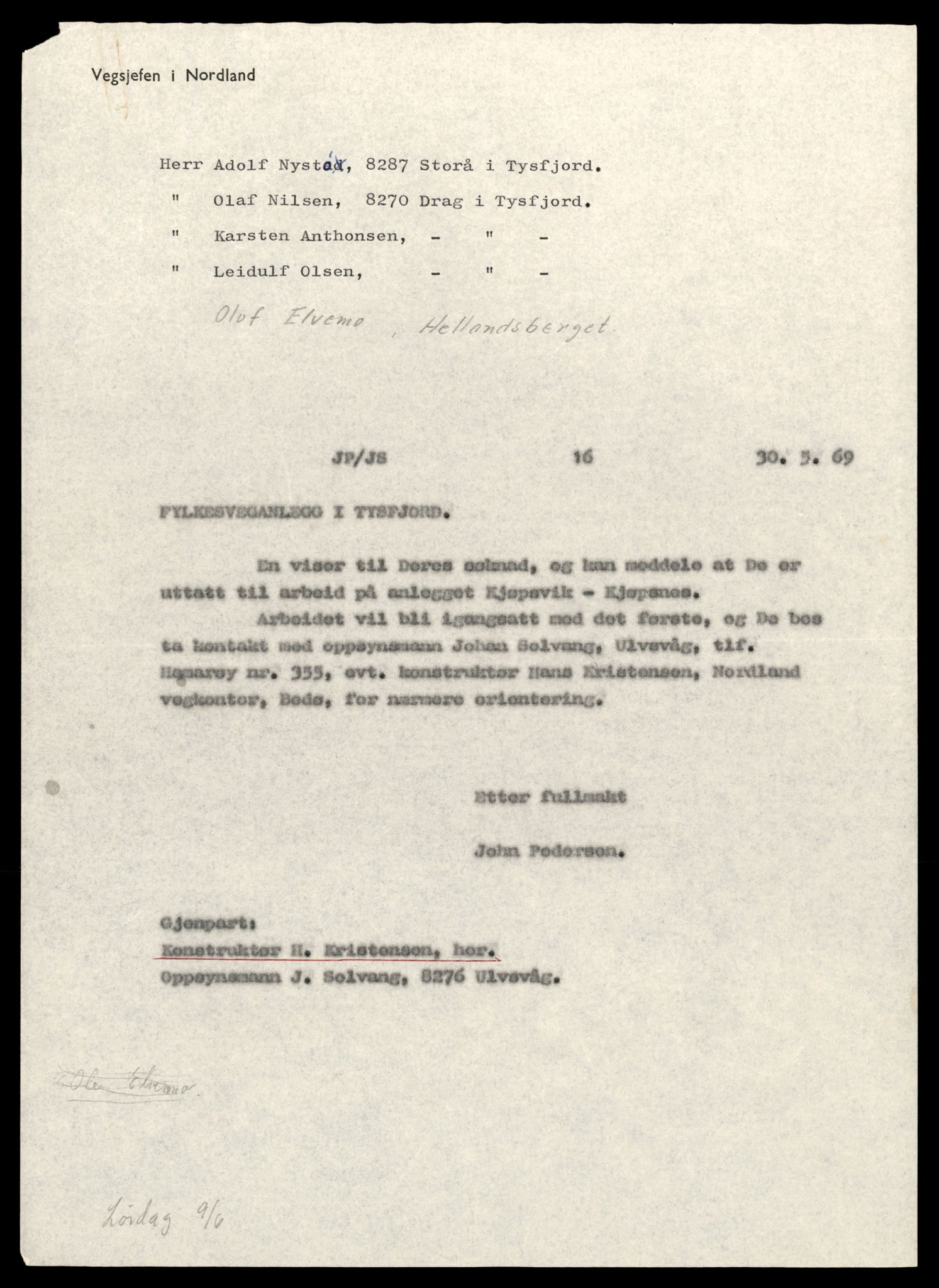 Nordland vegkontor, AV/SAT-A-4181/F/Fa/L0031: Tysfjord/Ballangen/Tjeldsund, 1882-1969, p. 1254