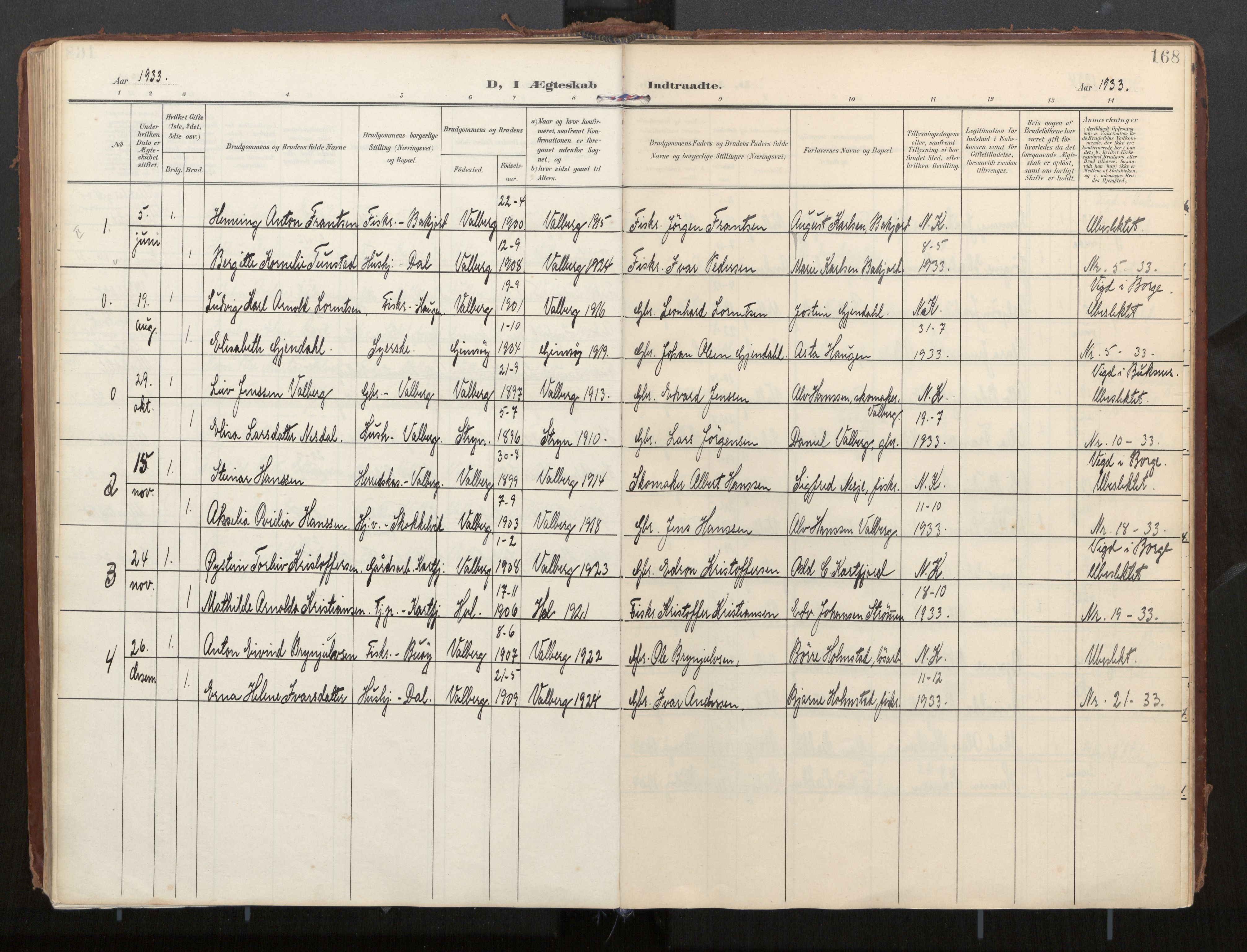 Ministerialprotokoller, klokkerbøker og fødselsregistre - Nordland, SAT/A-1459/884/L1194: Parish register (official) no. 884A02, 1906-1937, p. 168