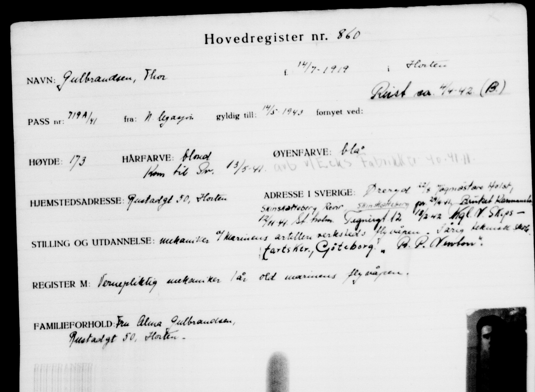 Utenriksstasjonene, Legasjonen i Stockholm, Flyktningkontoret, AV/RA-S-6753/V/Va/L0001: Kjesäterkartoteket, flyktninger med registreringsnr. 1-1000, 1940-1945, p. 1366