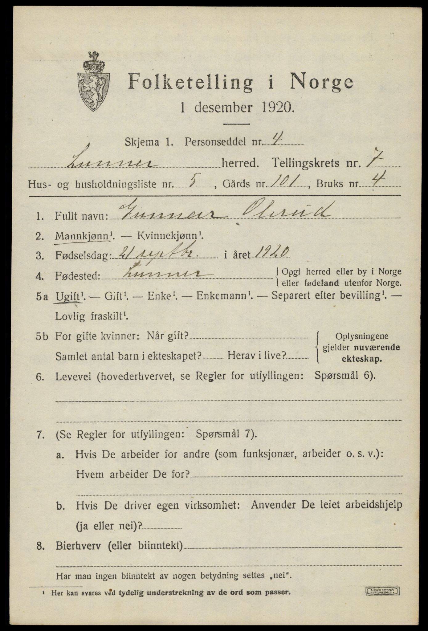 SAH, 1920 census for Lunner, 1920, p. 8641