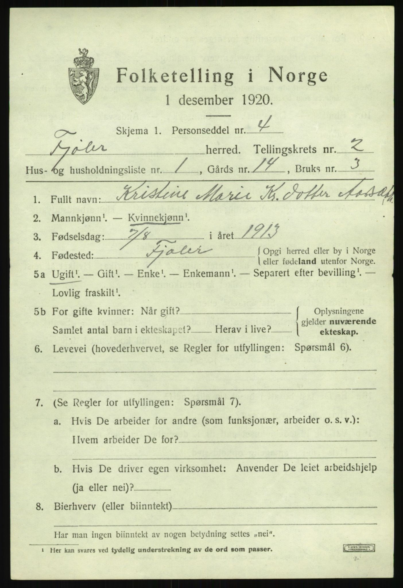 SAB, 1920 census for Fjaler, 1920, p. 1819