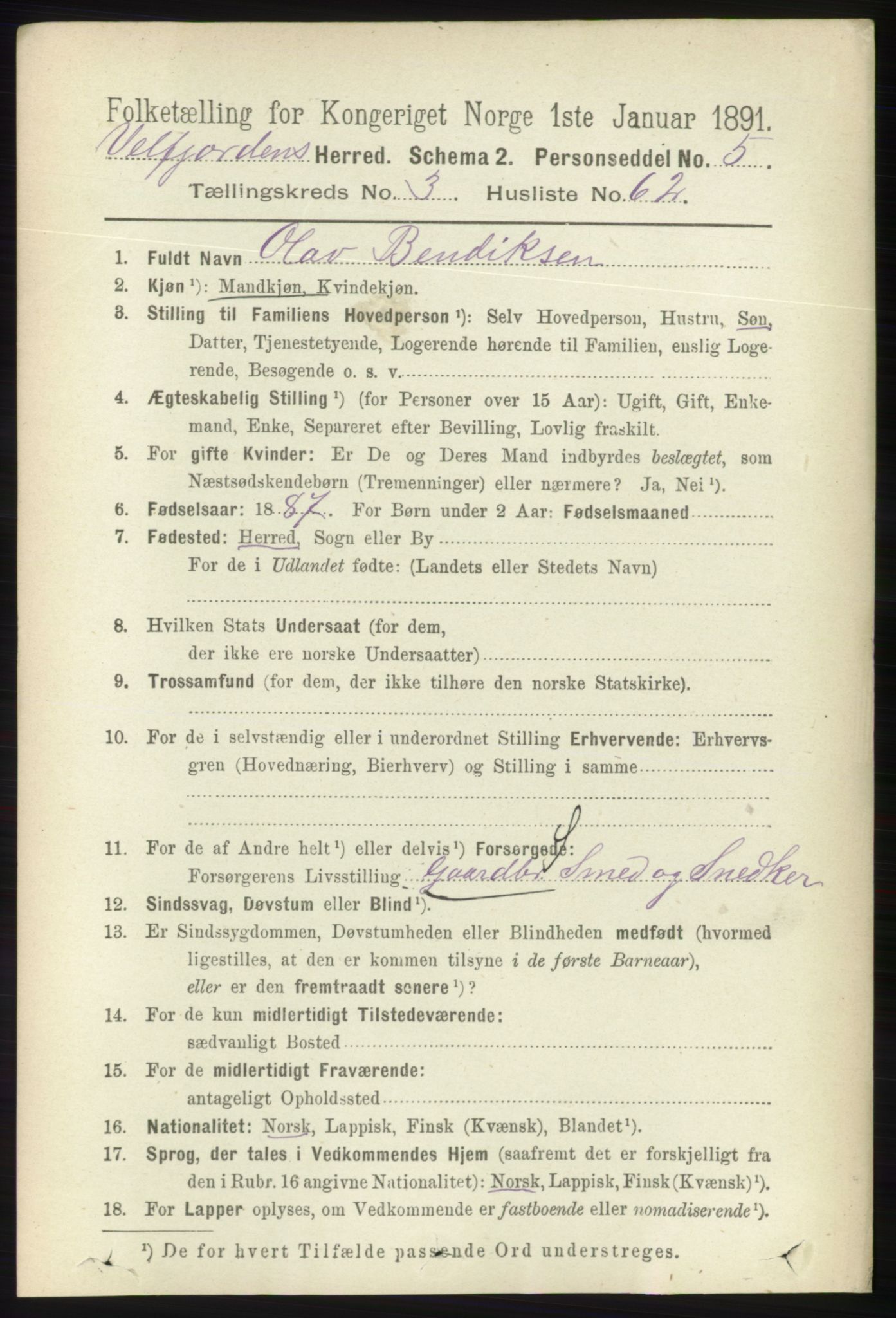 RA, 1891 census for 1813 Velfjord, 1891, p. 1448