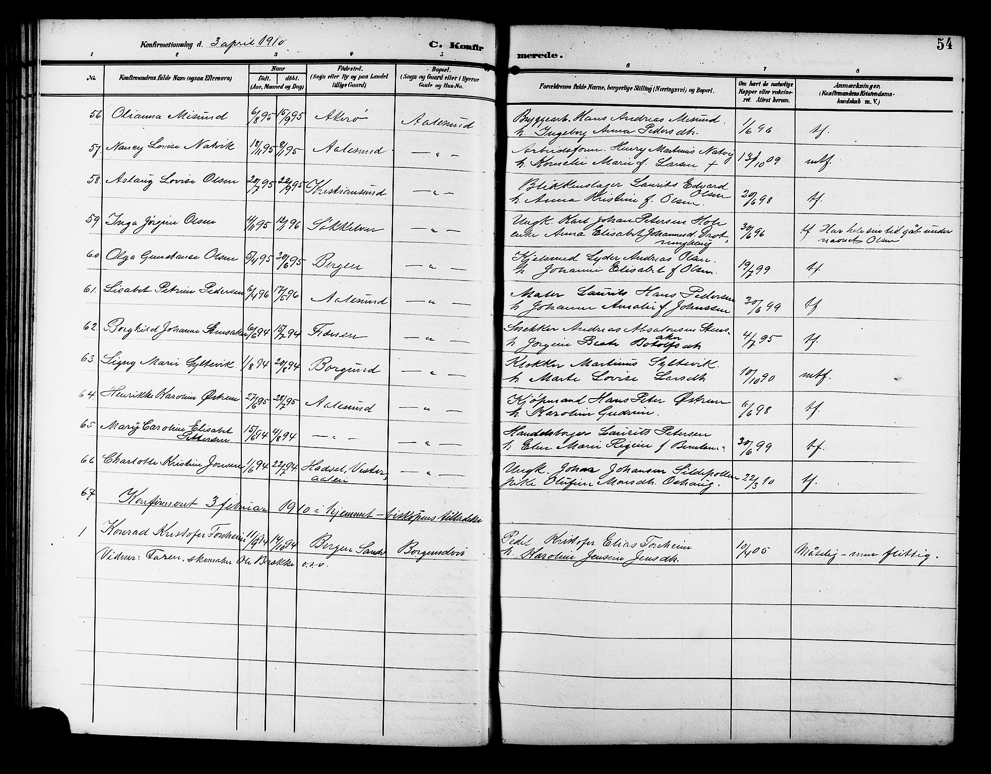 Ministerialprotokoller, klokkerbøker og fødselsregistre - Møre og Romsdal, AV/SAT-A-1454/529/L0470: Parish register (copy) no. 529C07, 1907-1917, p. 54