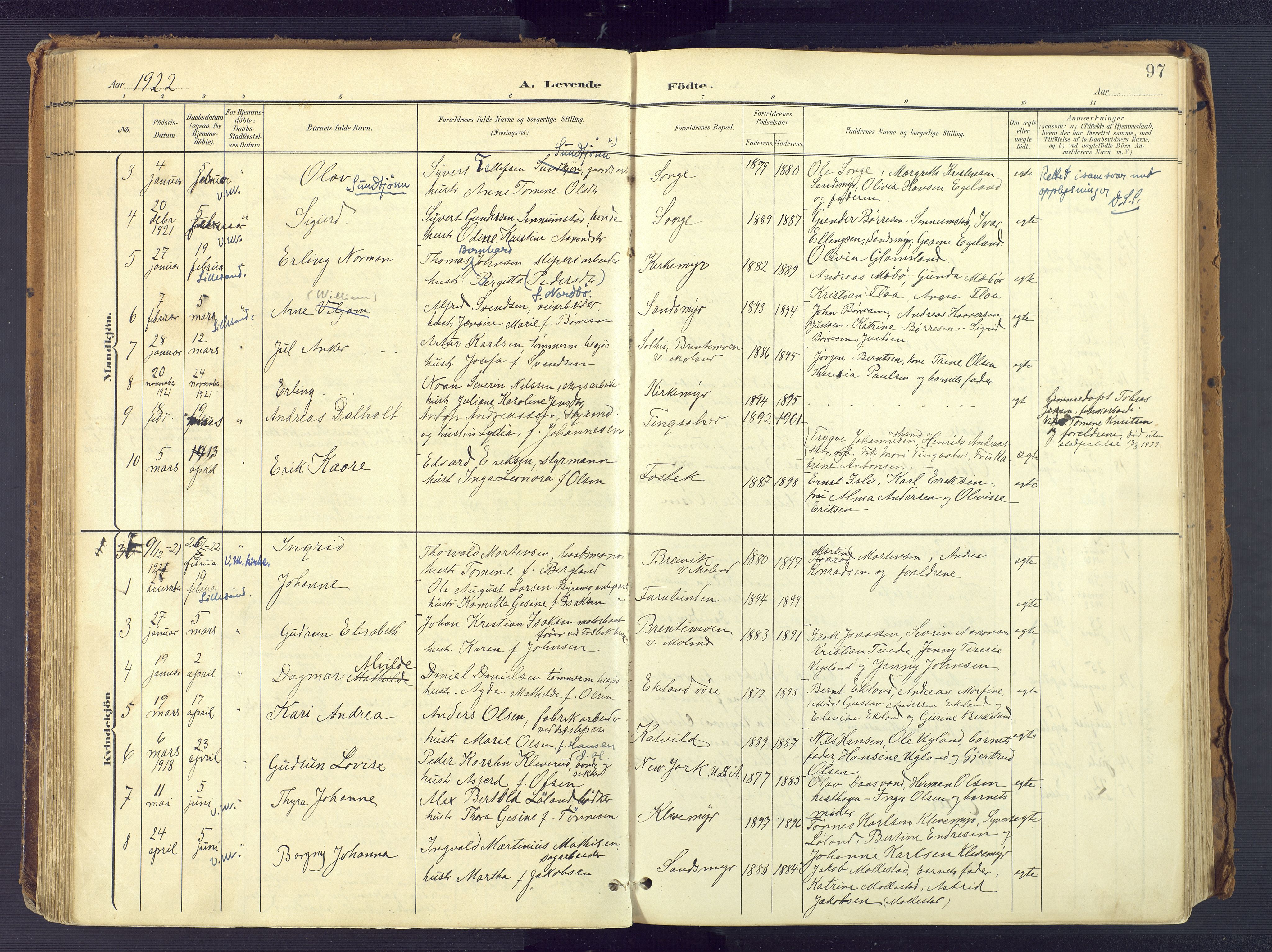 Vestre Moland sokneprestkontor, SAK/1111-0046/F/Fa/Fab/L0010: Parish register (official) no. A 10, 1900-1926, p. 97