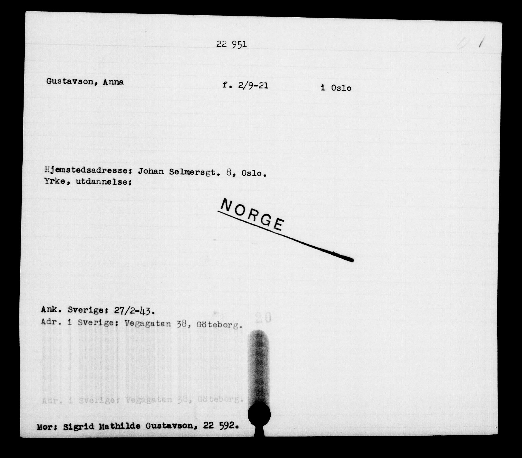 Den Kgl. Norske Legasjons Flyktningskontor, AV/RA-S-6753/V/Va/L0010: Kjesäterkartoteket.  Flyktningenr. 22000-25314, 1940-1945, p. 1030