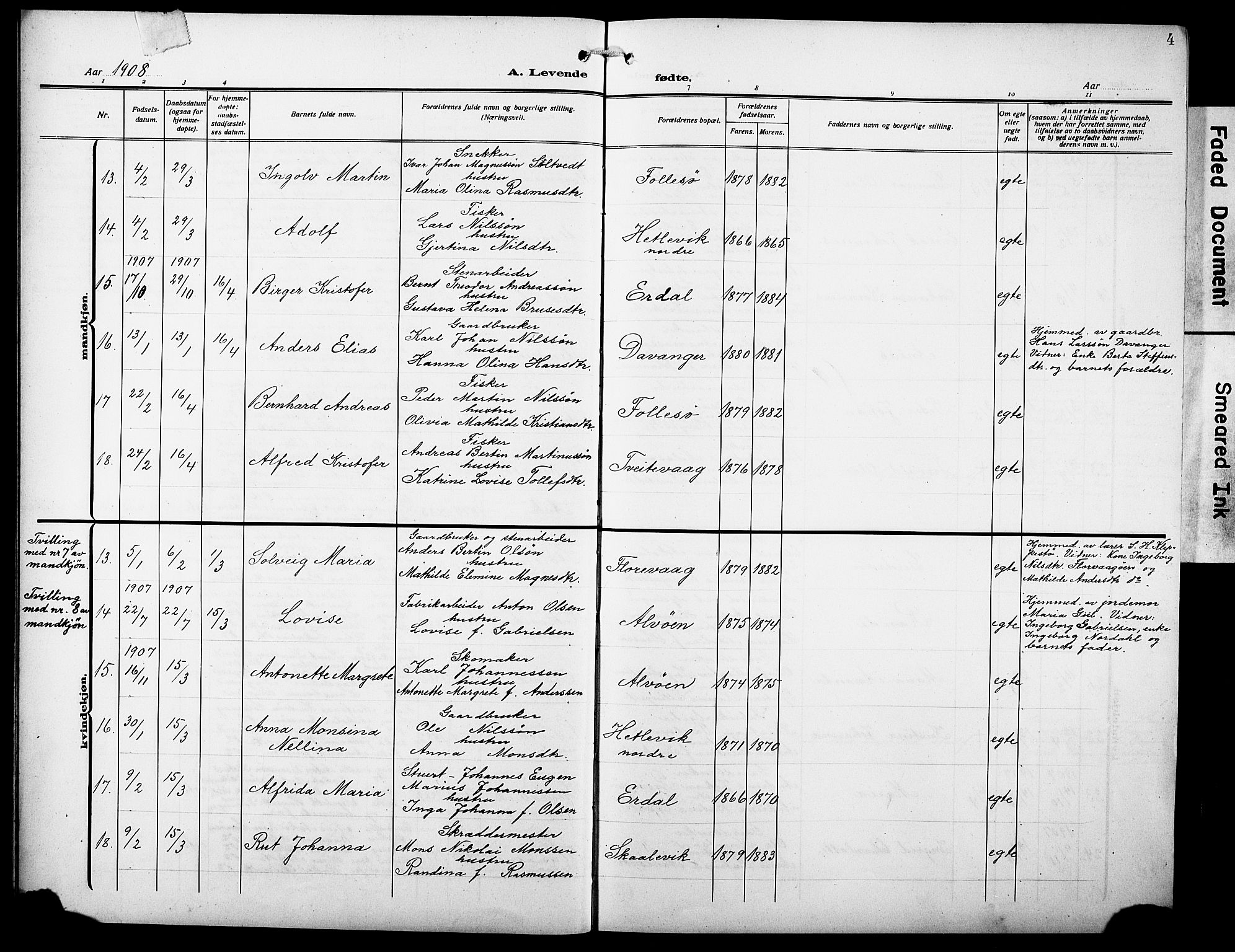 Askøy Sokneprestembete, AV/SAB-A-74101/H/Ha/Hab/Haba/L0011: Parish register (copy) no. A 11, 1908-1931, p. 4