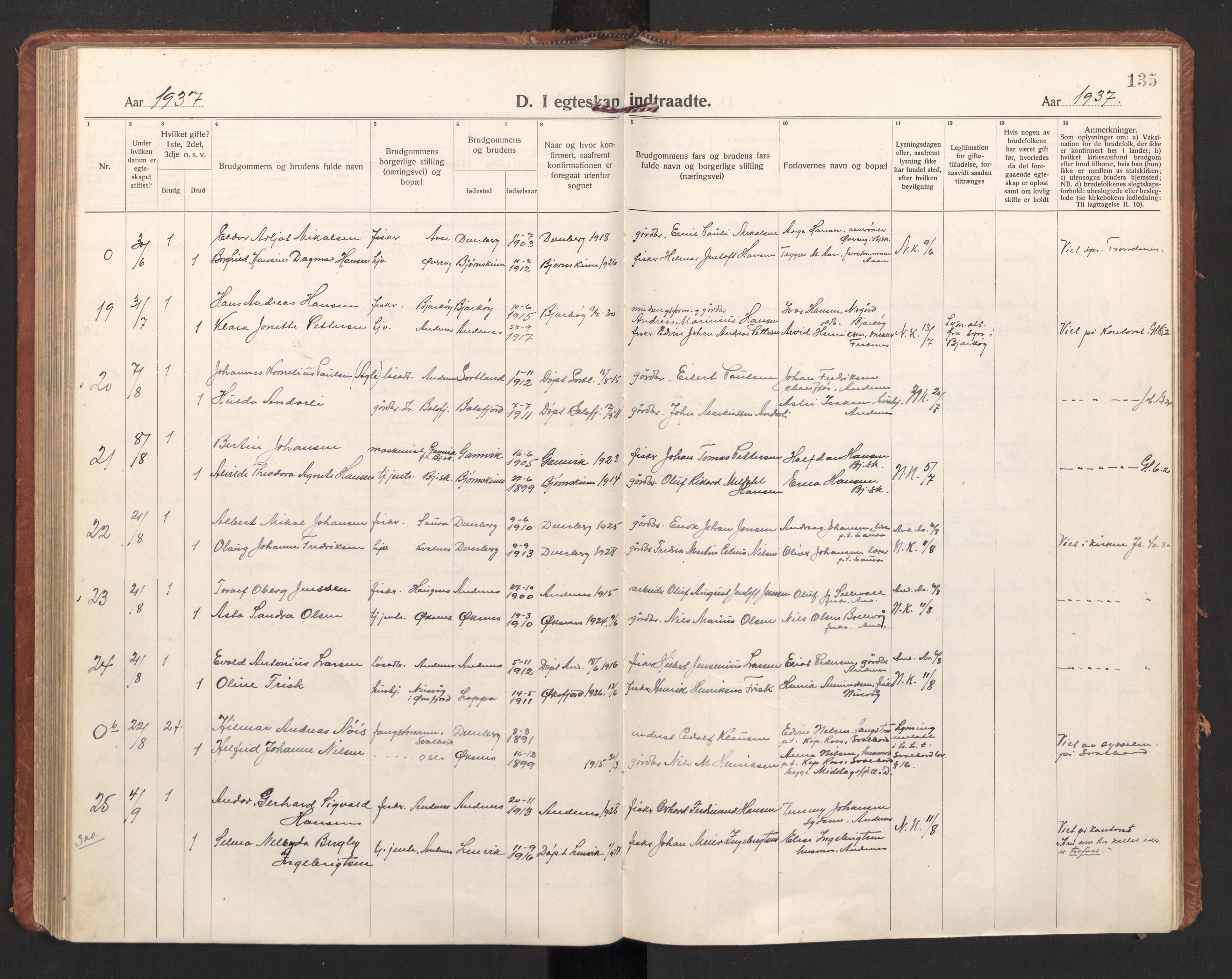 Ministerialprotokoller, klokkerbøker og fødselsregistre - Nordland, AV/SAT-A-1459/897/L1408: Parish register (official) no. 897A15, 1922-1938, p. 135