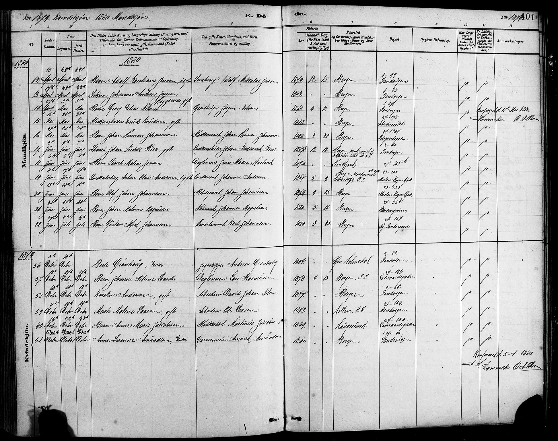 Sandviken Sokneprestembete, SAB/A-77601/H/Hb/L0001: Parish register (copy) no. A 2, 1879-1892, p. 401